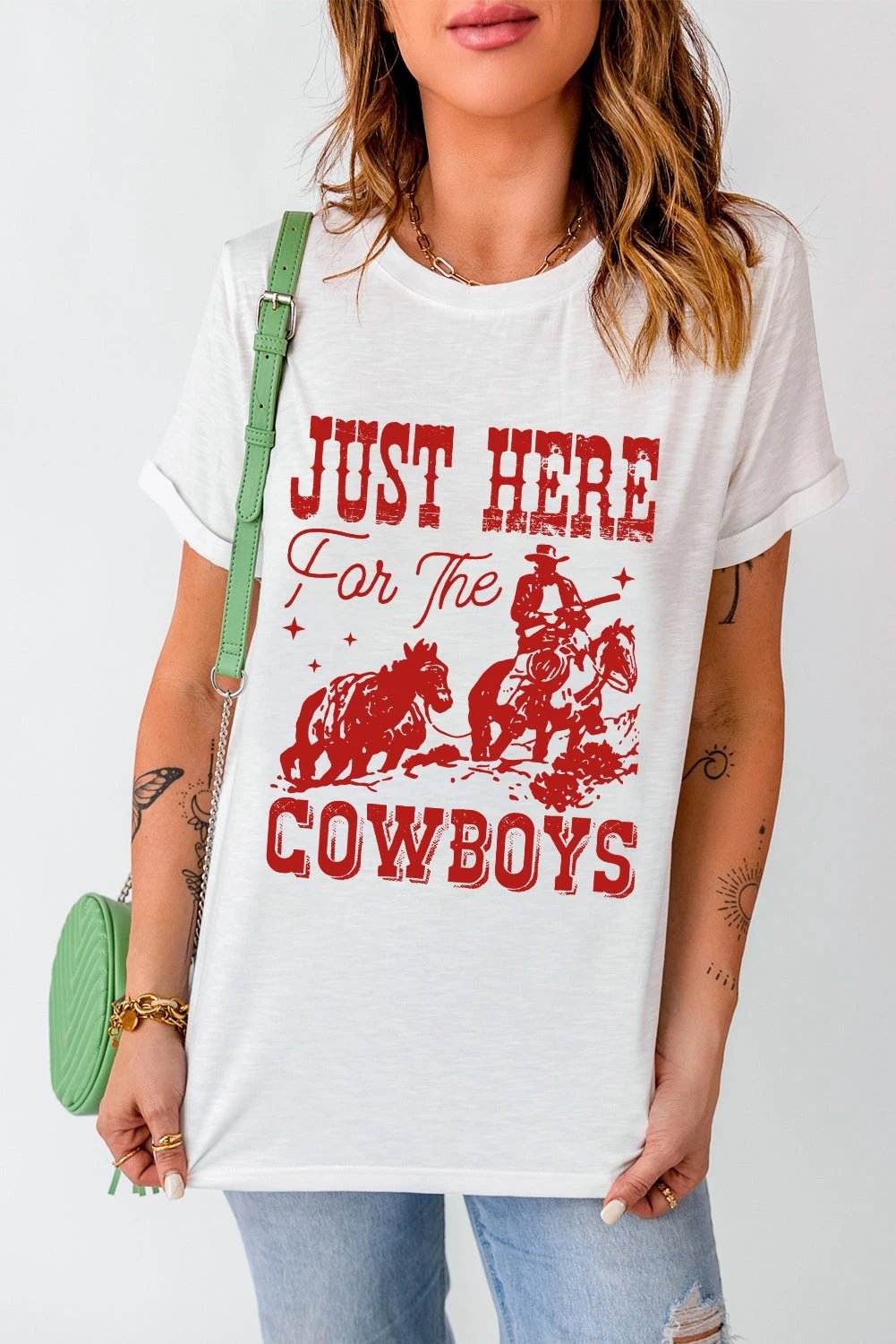  western graphic tee – “just here for the cowboy” for women casual everyday outfit