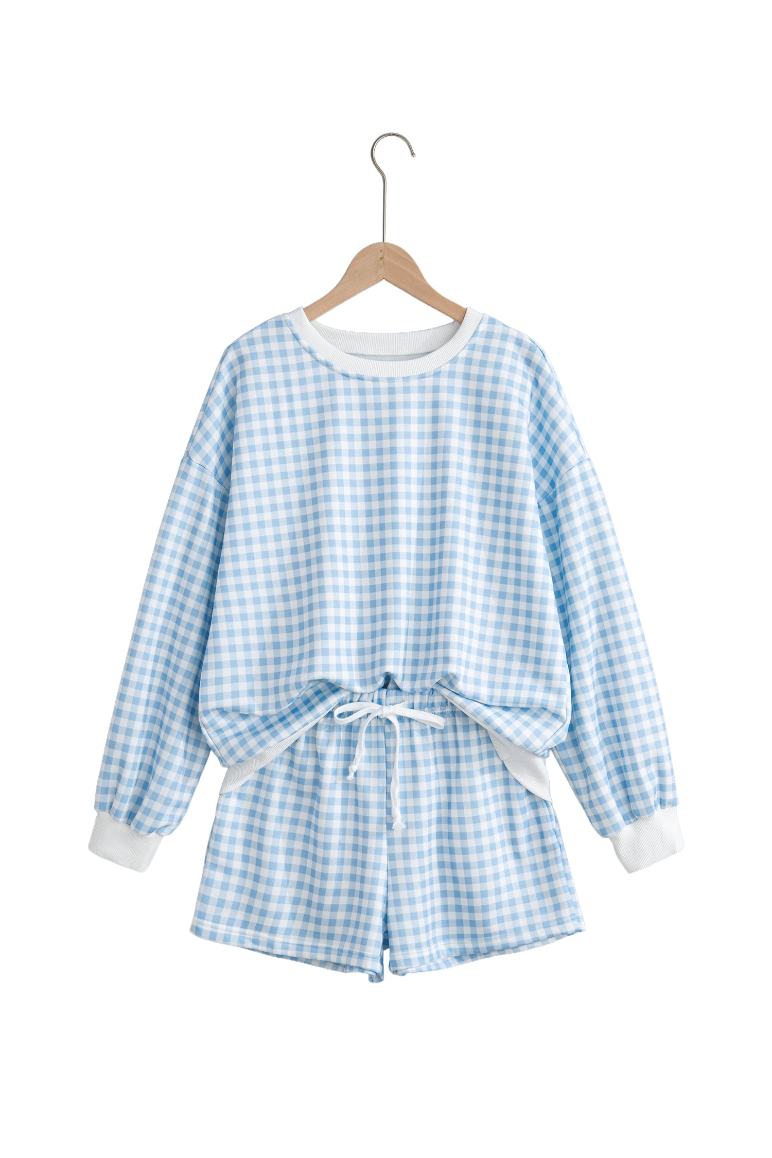 Plaid Baggy Pullover Drawstring Casual Shorts Two-Piece Set