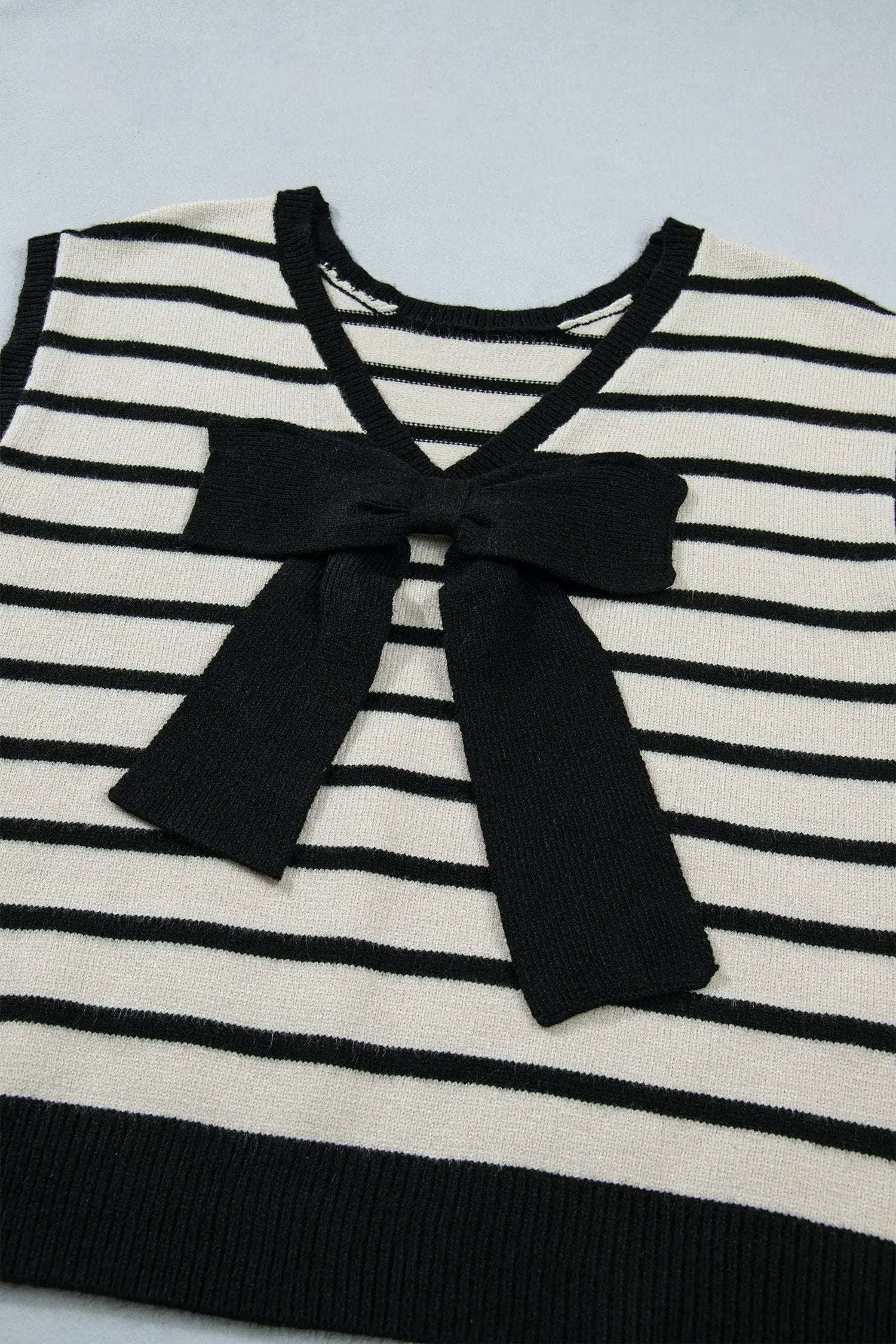 Dear-Lover Dropshipping Black Stripe Bow Applique Short Sleeve Sweater - Sweaters & Cardigans/Short Sleeve Sweaters