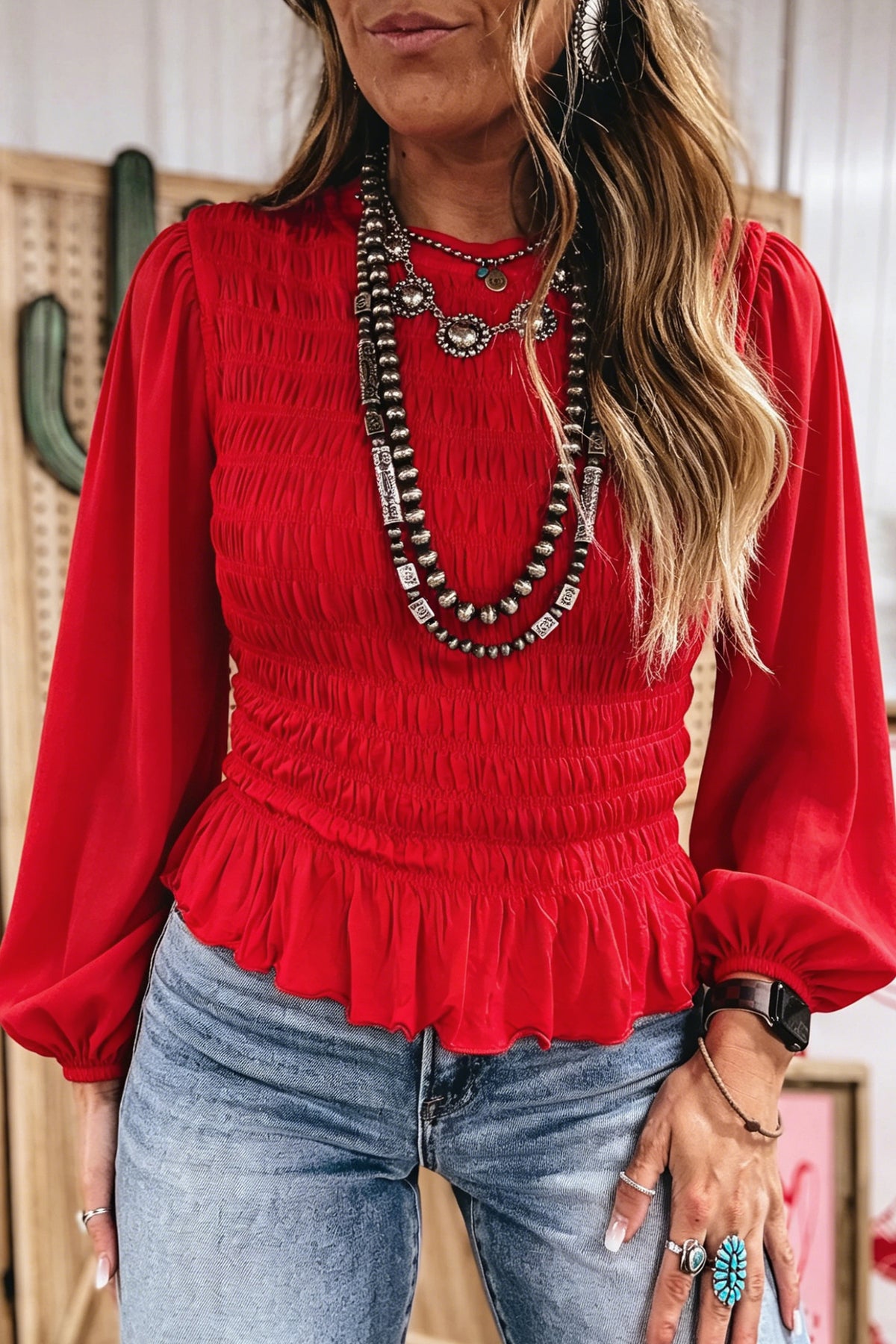 Solid Color Smocked Ruffle Hem Long Sleeve Blouse