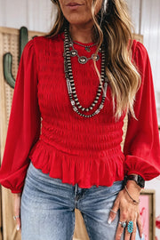 Solid Color Smocked Ruffle Hem Long Sleeve Blouse