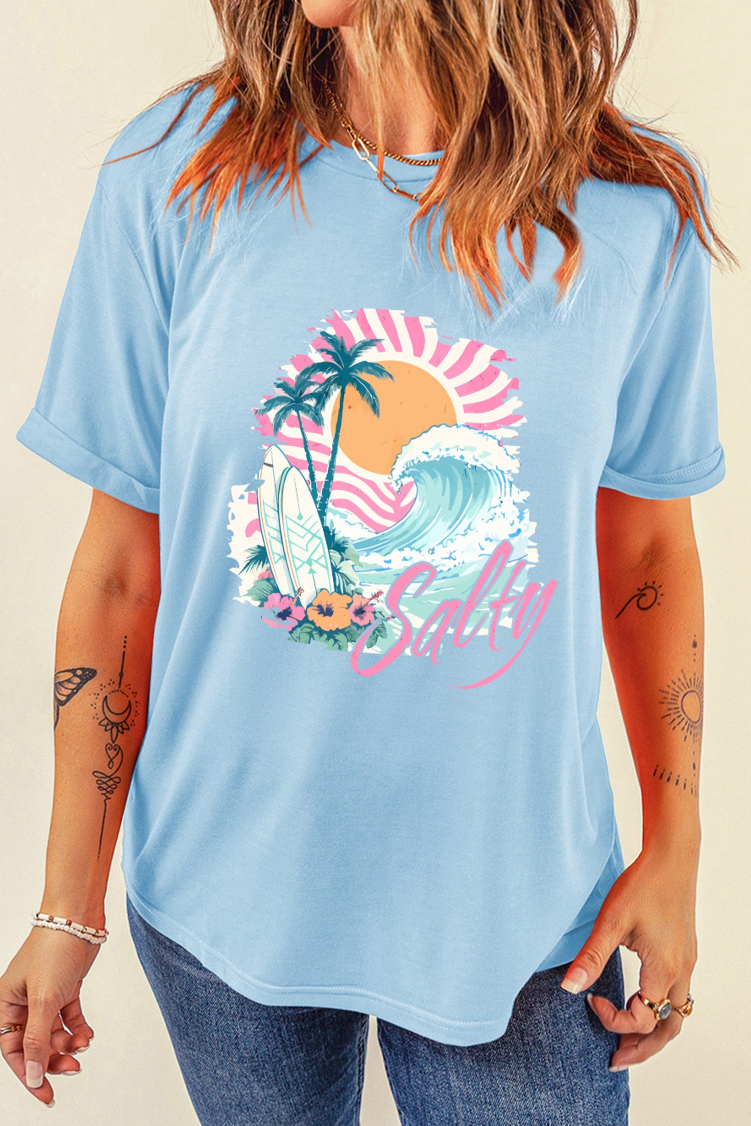 Light Blue Salty Beach Resort Vacation Surf Graphic Tee