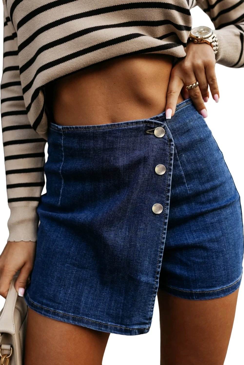 bluing asymmetric wrapped buttoned high waist denim shorts for women casual everyday outfit