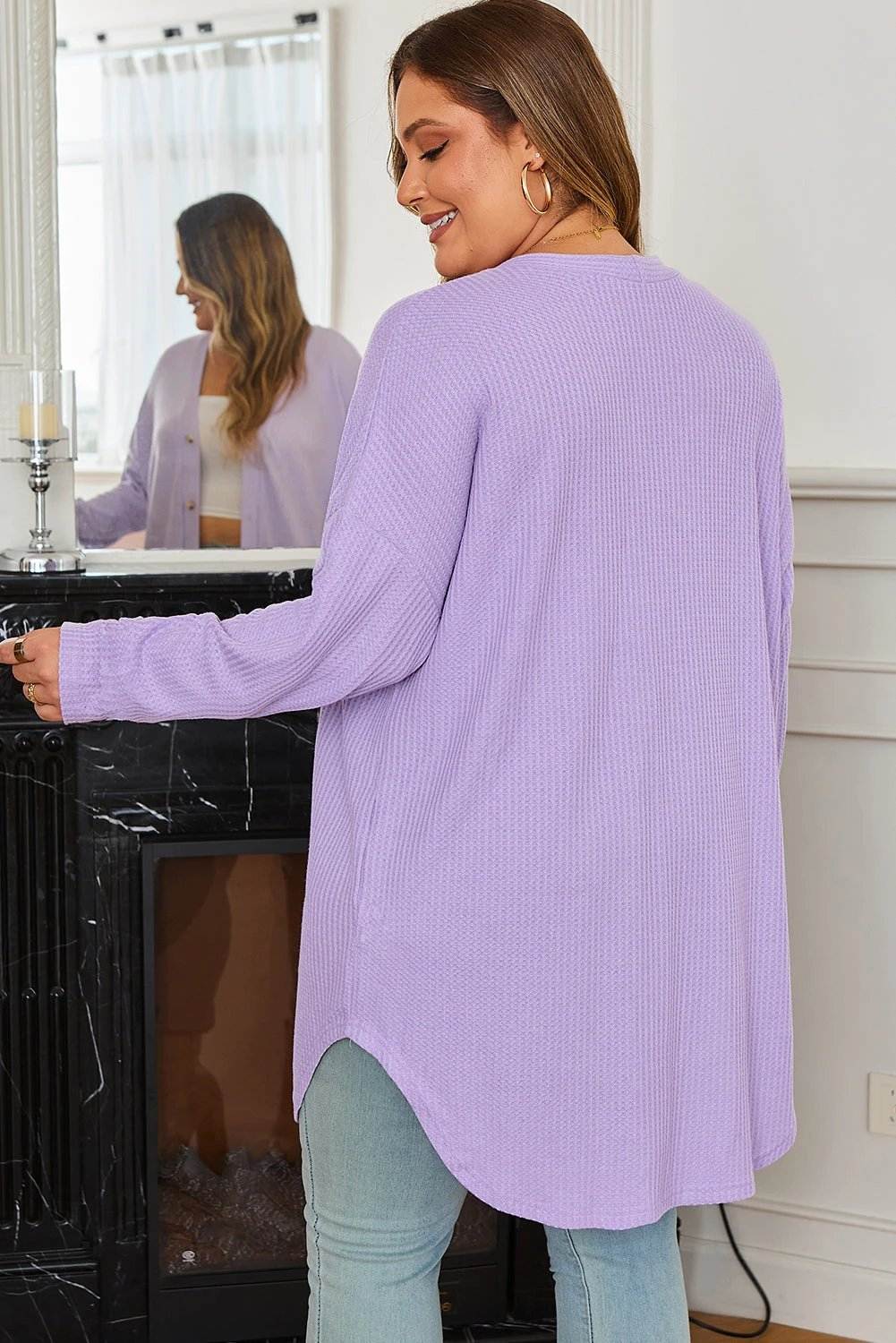 Plus size waffle knit lavender cardigan with button front and longline relaxed fit