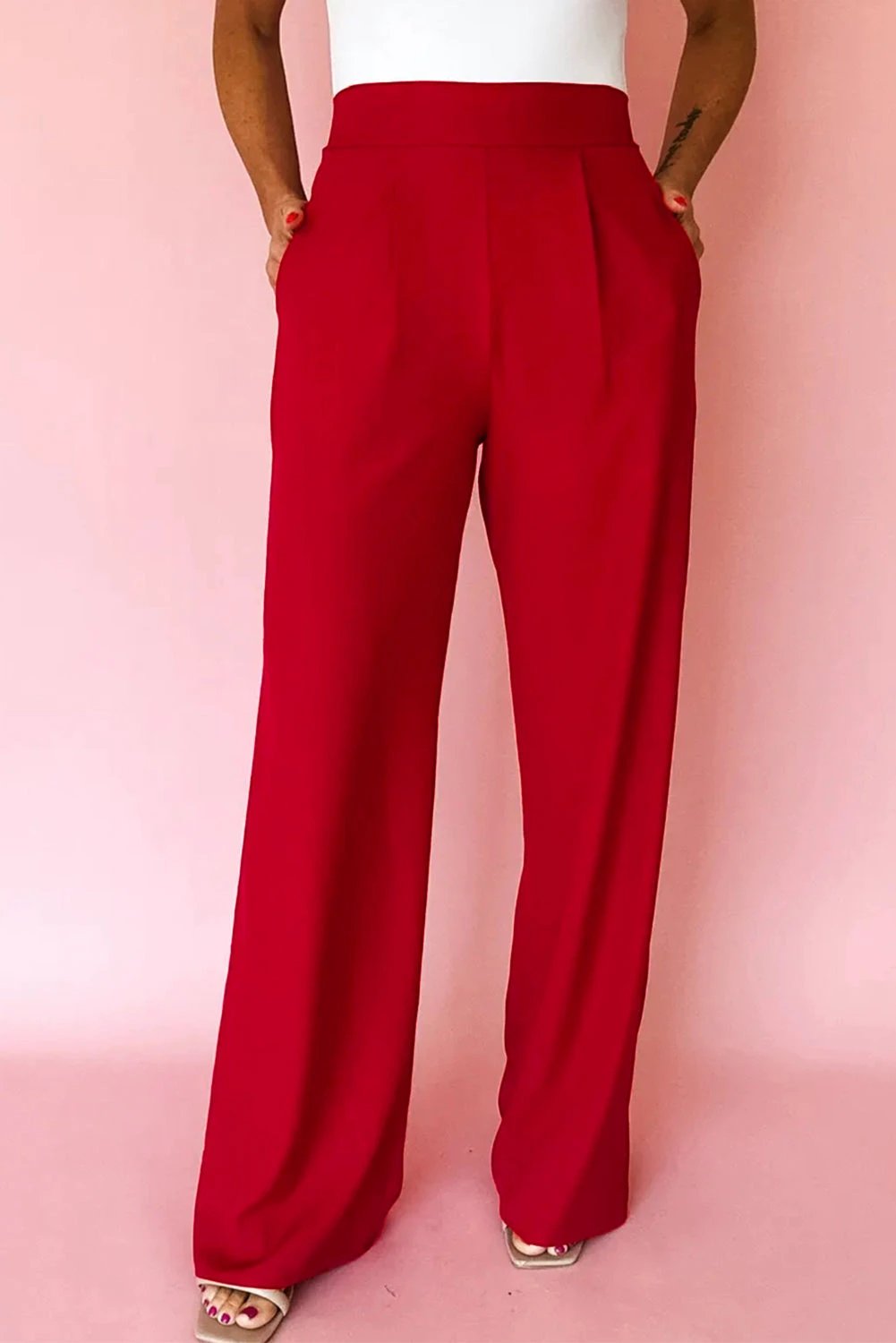 fiery red pleated detail pull on high elastic waist loose straight pants for women casual everyday outfit