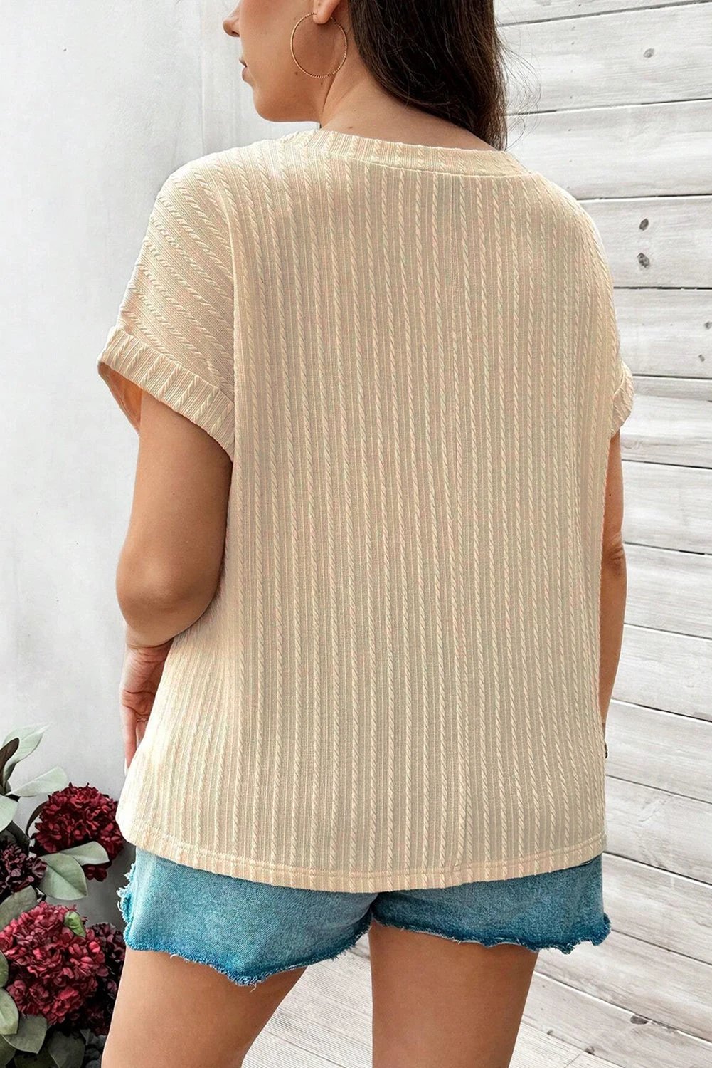 beige lace crochet patched cable textured cuffed short sleeve plus size top for women casual everyday outfit