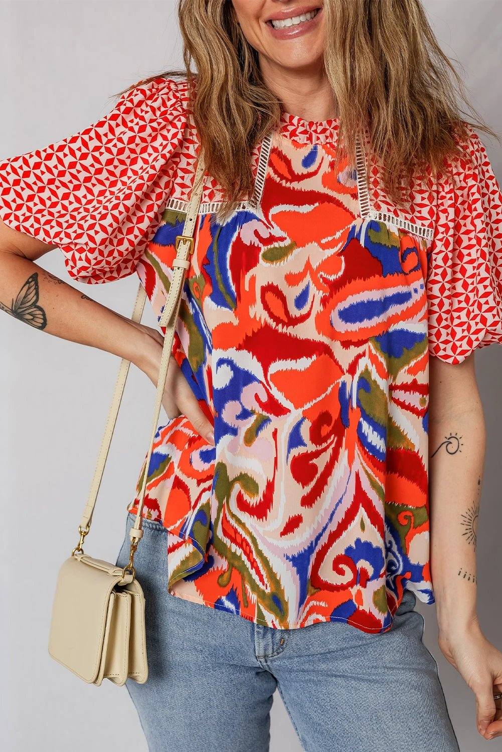Women wearing effortless boho chic paisley geometric puff sleeve blouse top