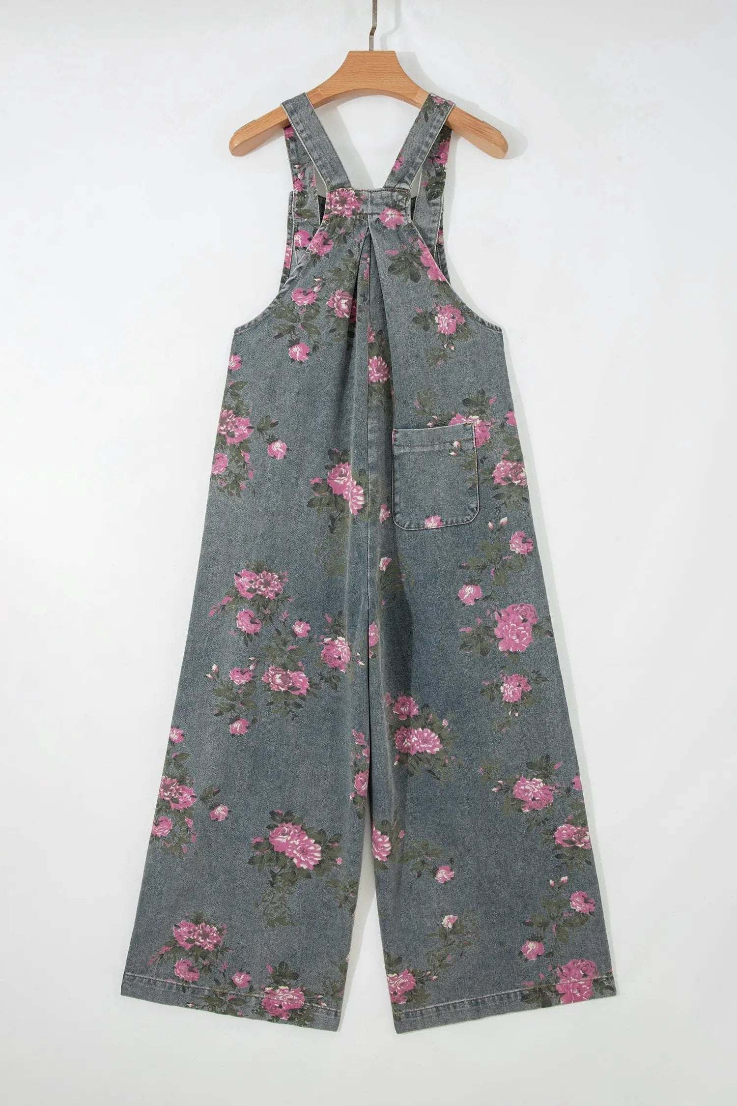Floral Denim Jumpsuit with pleated high-waist and wide-leg silhouette