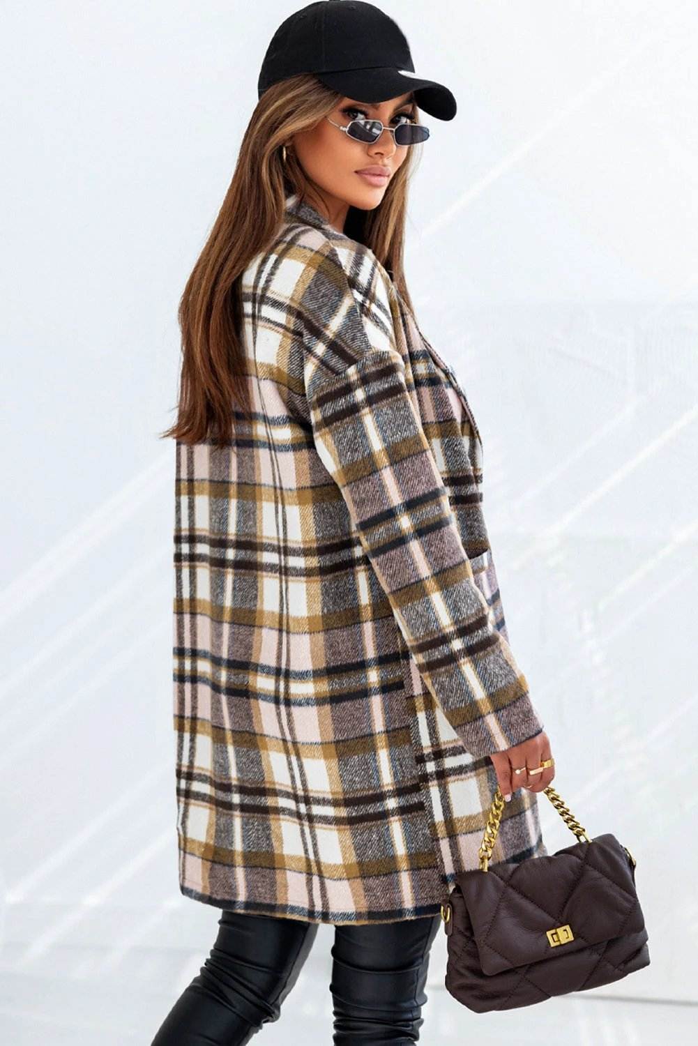 Cozy Mom Confidence plaid button-up lapel jacket with classic plaid print and relaxed longline fit
