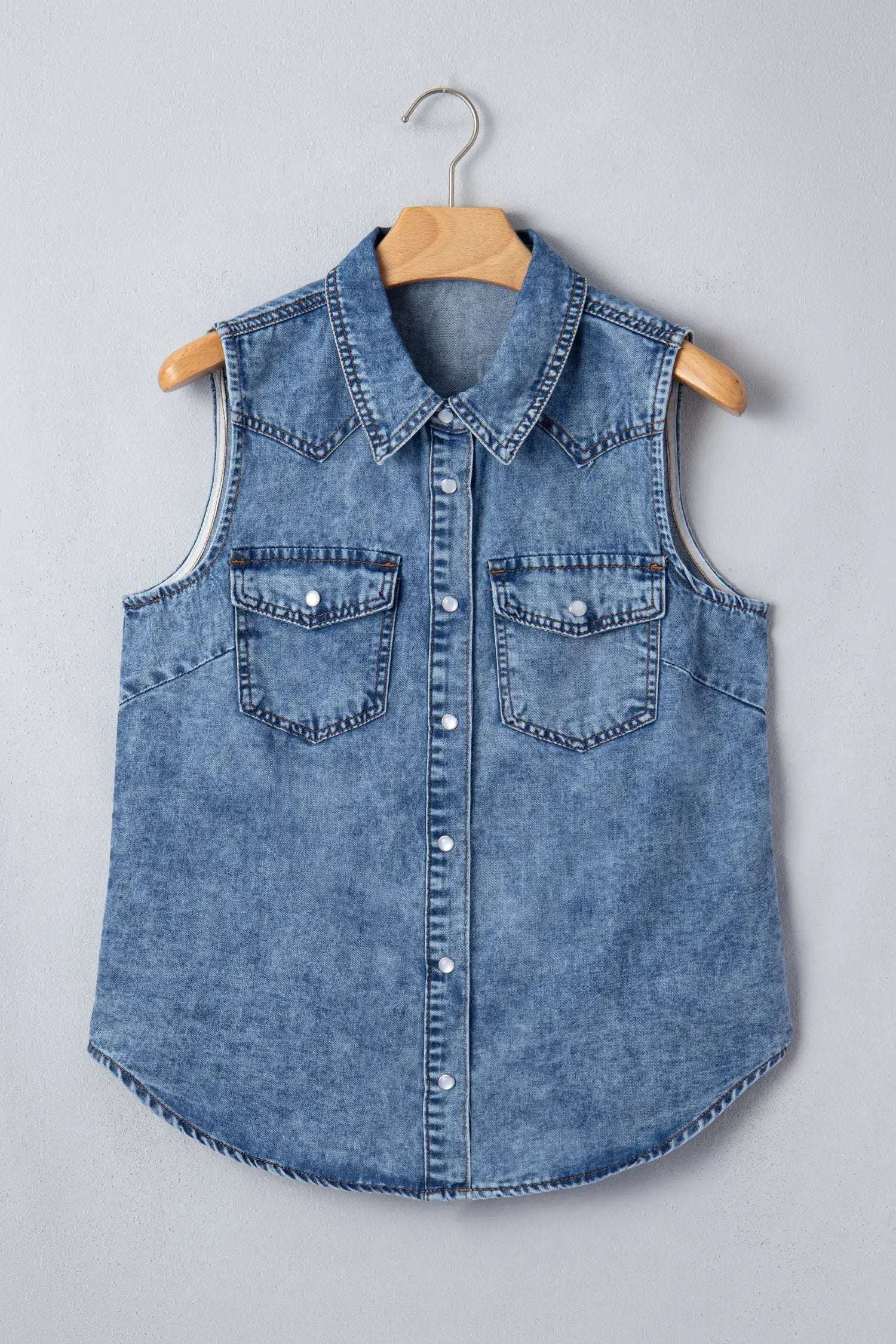 Western Chic sleeveless button-front denim top with collar and chest pockets