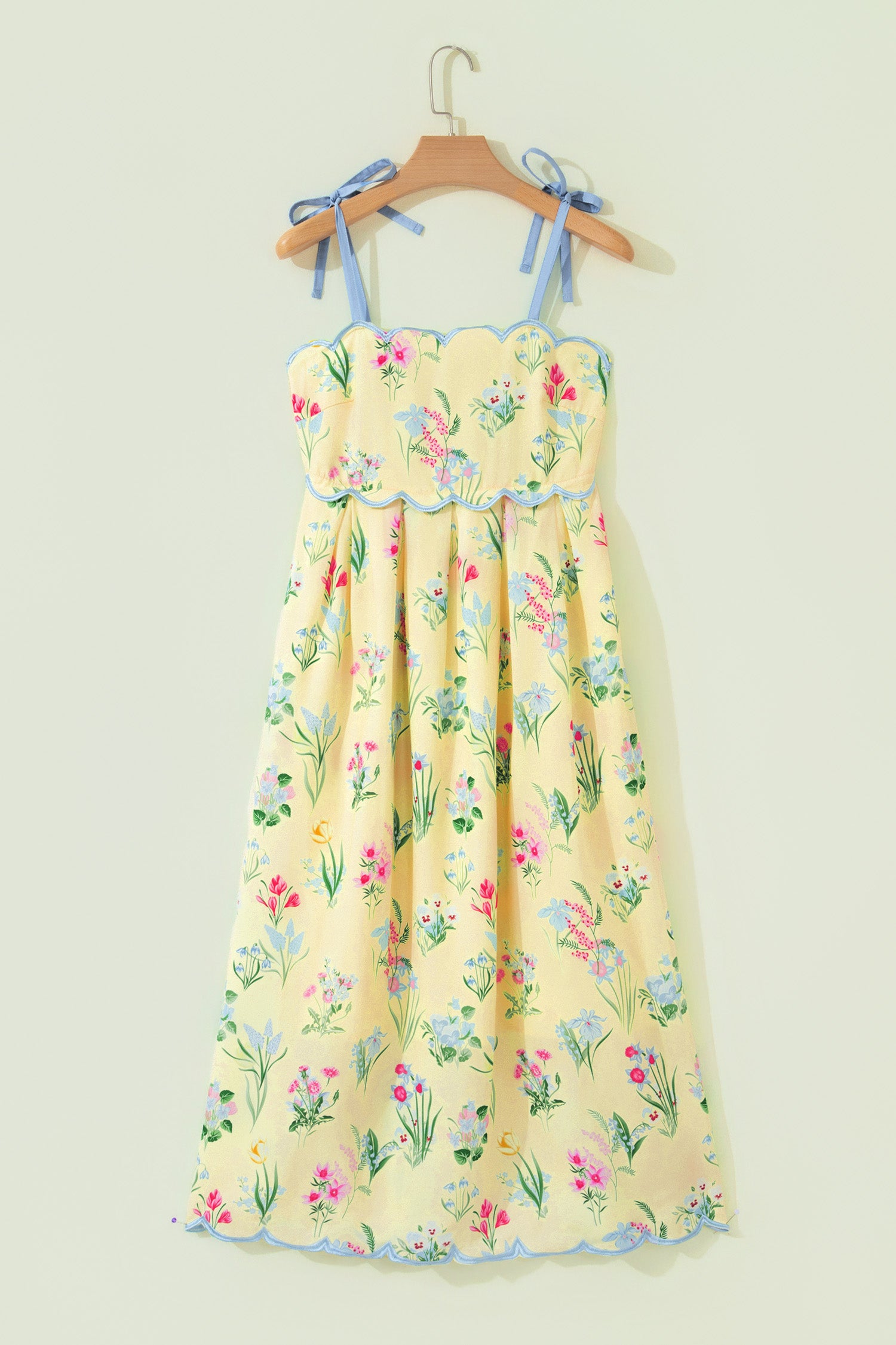 Floral Print Contrast Trim Self-tie Straps High-Waisted Midi Dress — everyday dress for women | J&H Apparel