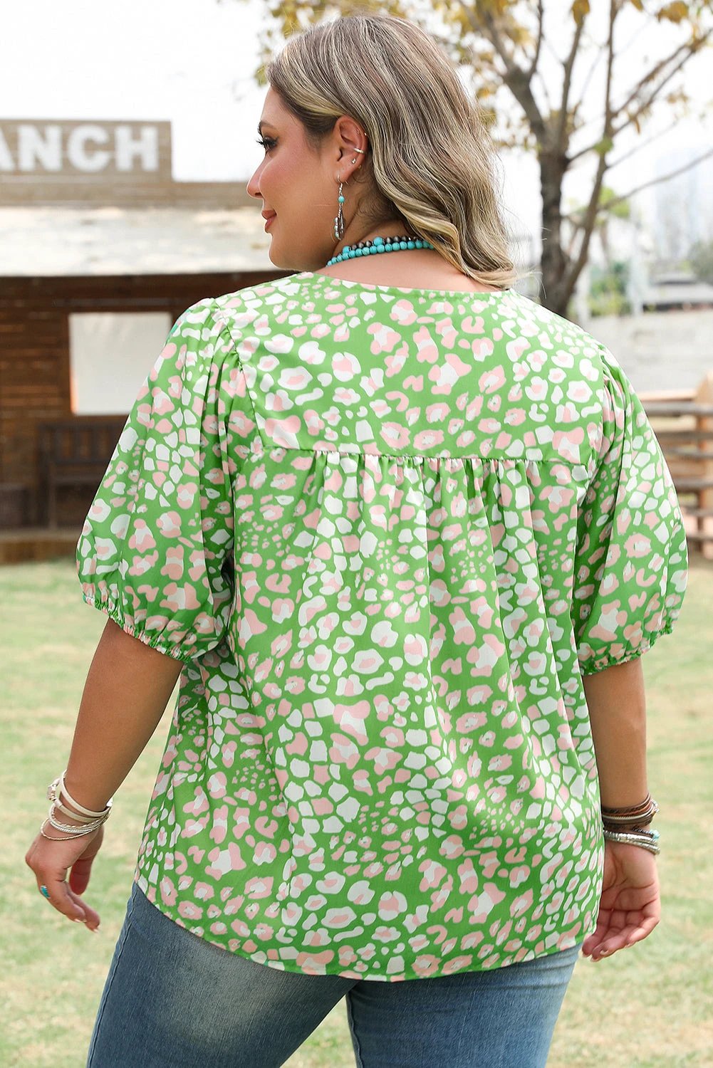 green plus size floral tassel tie split neck puff sleeve blouse for women casual everyday outfit