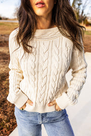 Drop-Shoulder Round Neck Cable Knit Sweater