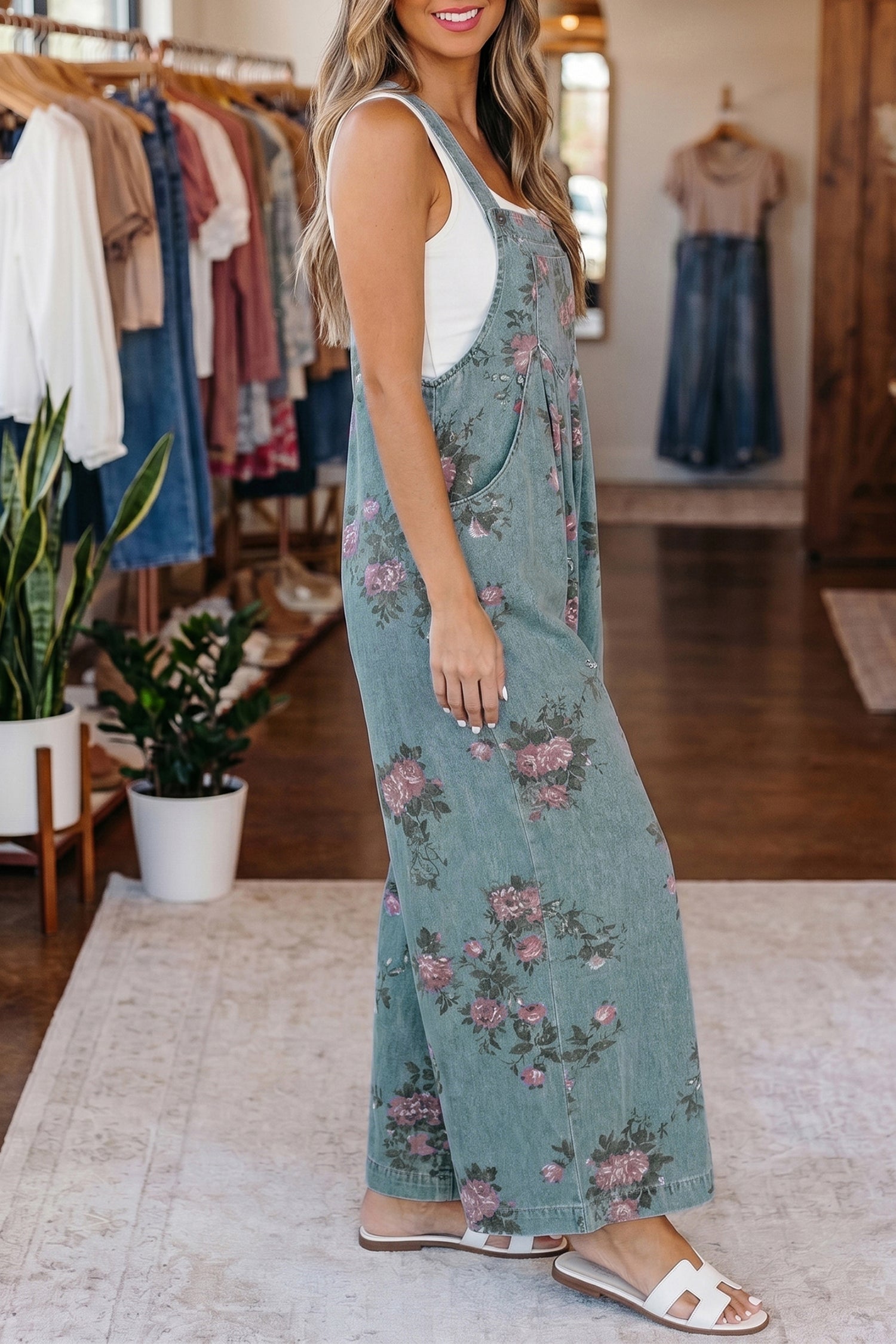Main Character Energy | Floral Print Denim Jumpsuit With Pleated Wide Leg