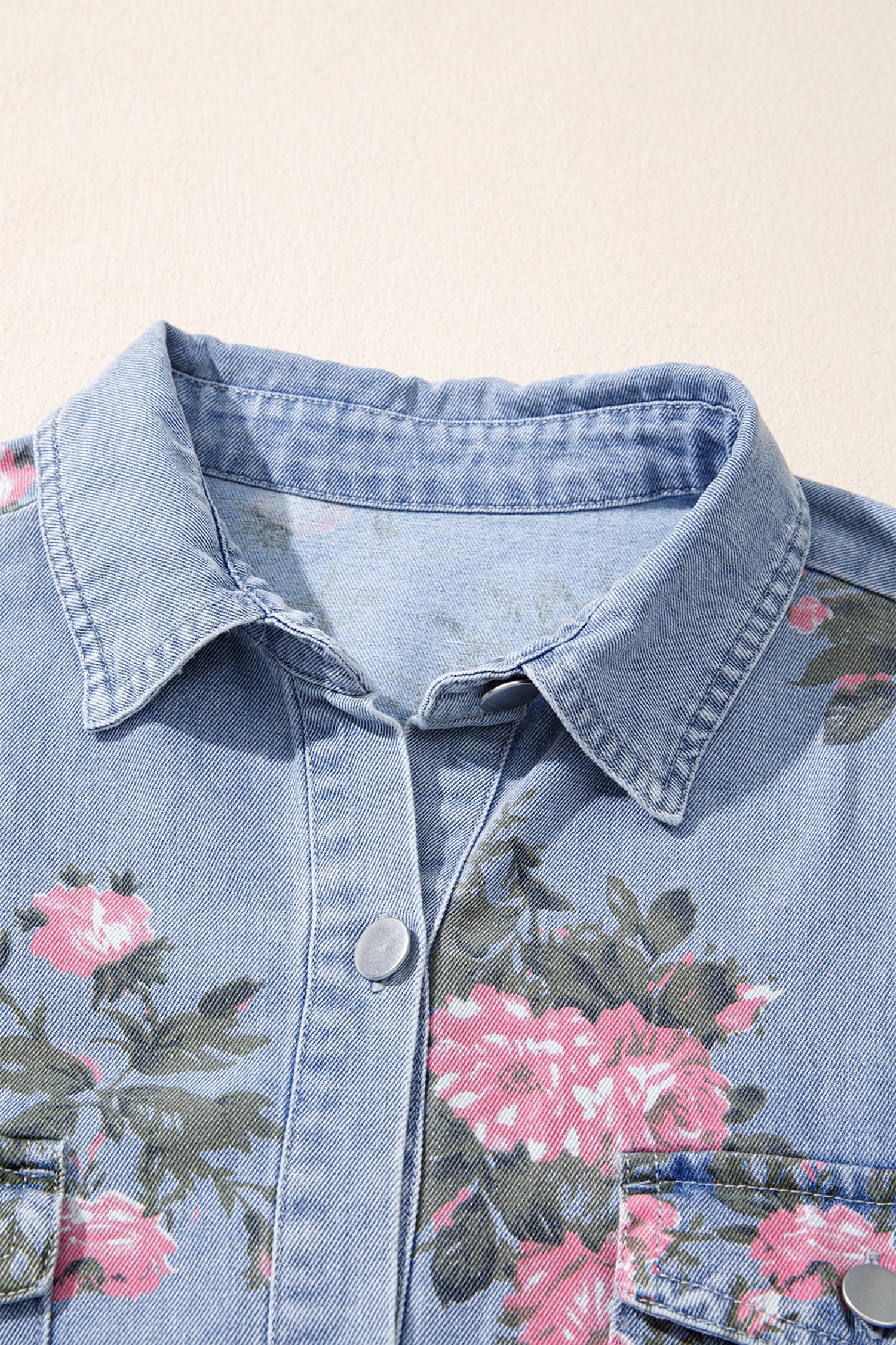Denim Floral Print Cuffed Short Sleeve Button-Down Shift Dress — everyday dress for women | J&H Apparel