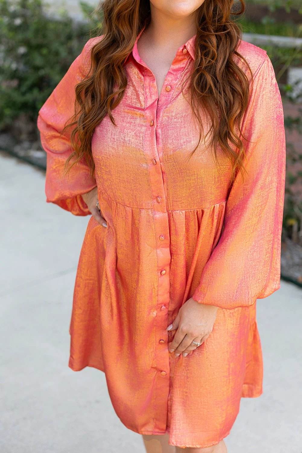 peach blossom metallic balloon sleeve shirt plus size mini dress for women casual everyday outfit