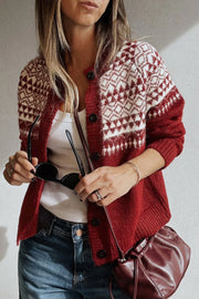 Geometric Print Button Front Long Sleeve Knitwear Cardigan