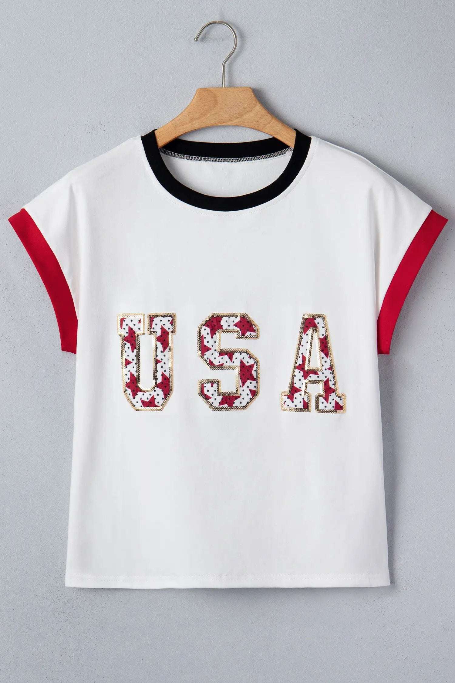 Star-Spangled Shine USA sequin color-block trim loose t-shirt with relaxed fit and patriotic design