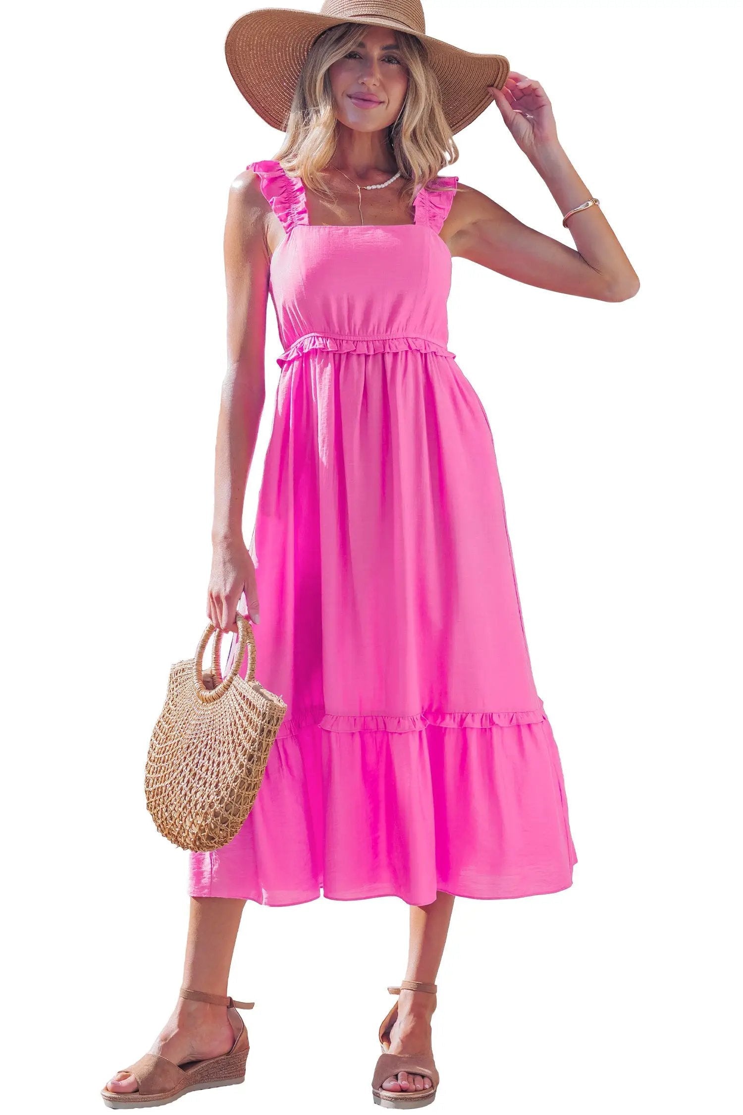 Pink ruffle trim high-waist sleeveless maxi dress from Southern Charm Bonbon Solid Color collection