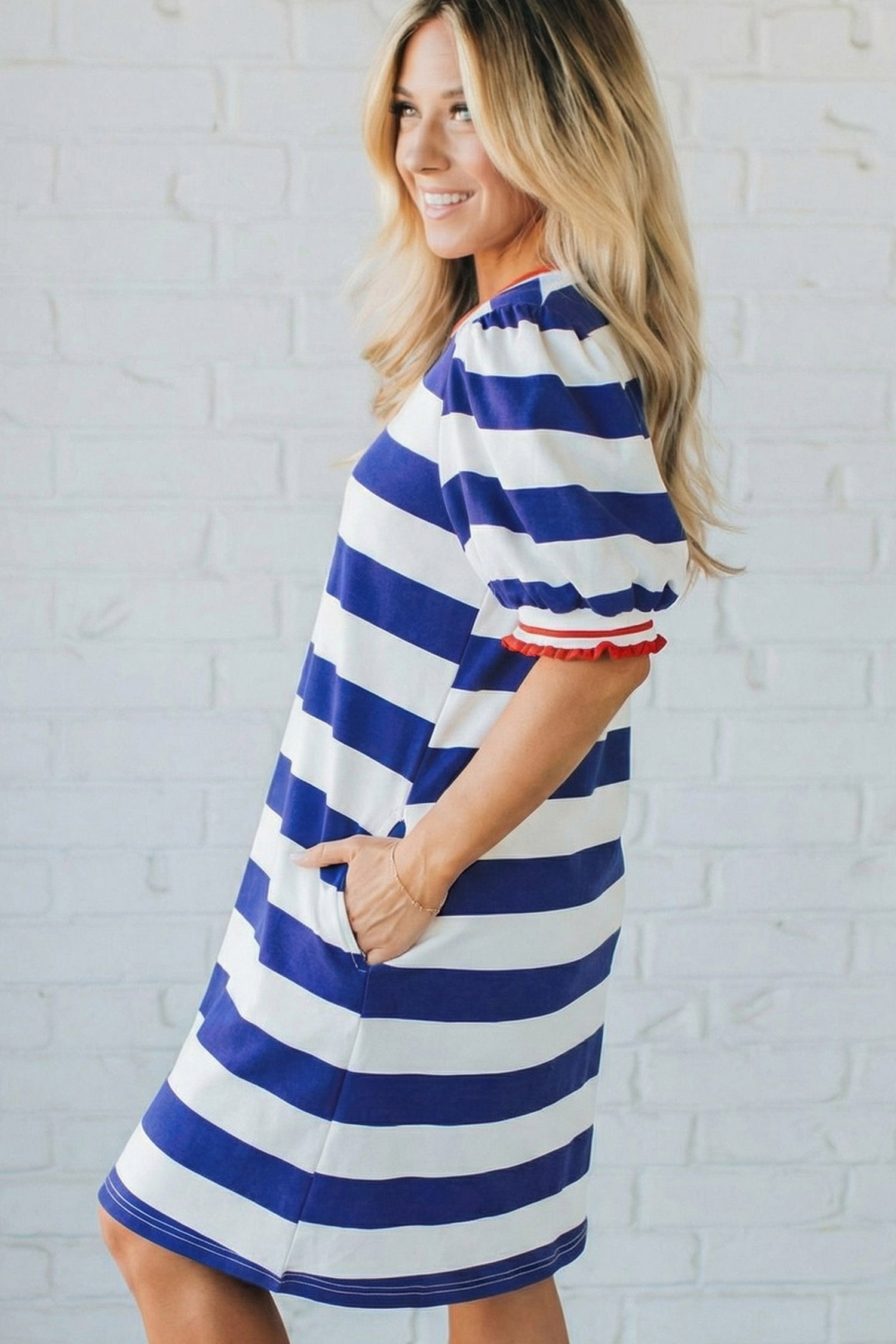 Stripe Contrast Trim Round Neck Short Puff Sleeve Shift Mini Dress — everyday dress for women | J&H Apparel