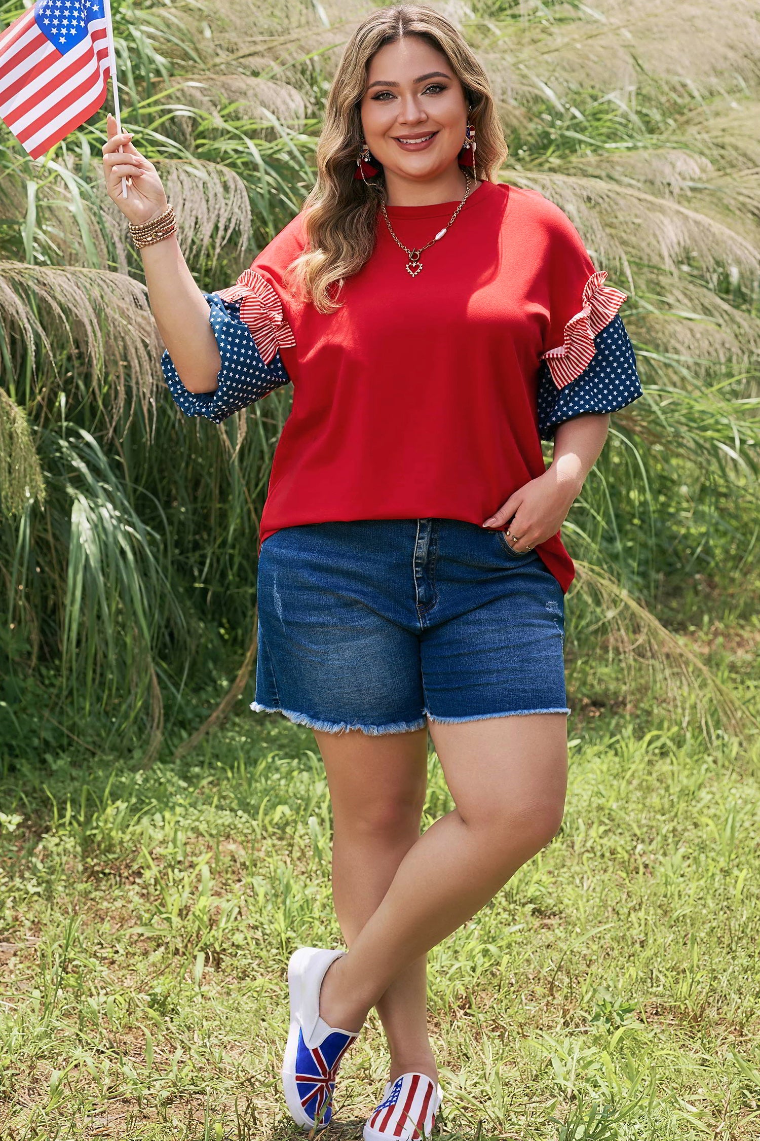 Plus Size Patchwork Star Top with Striped — plus size women's everyday top | J&H Apparel