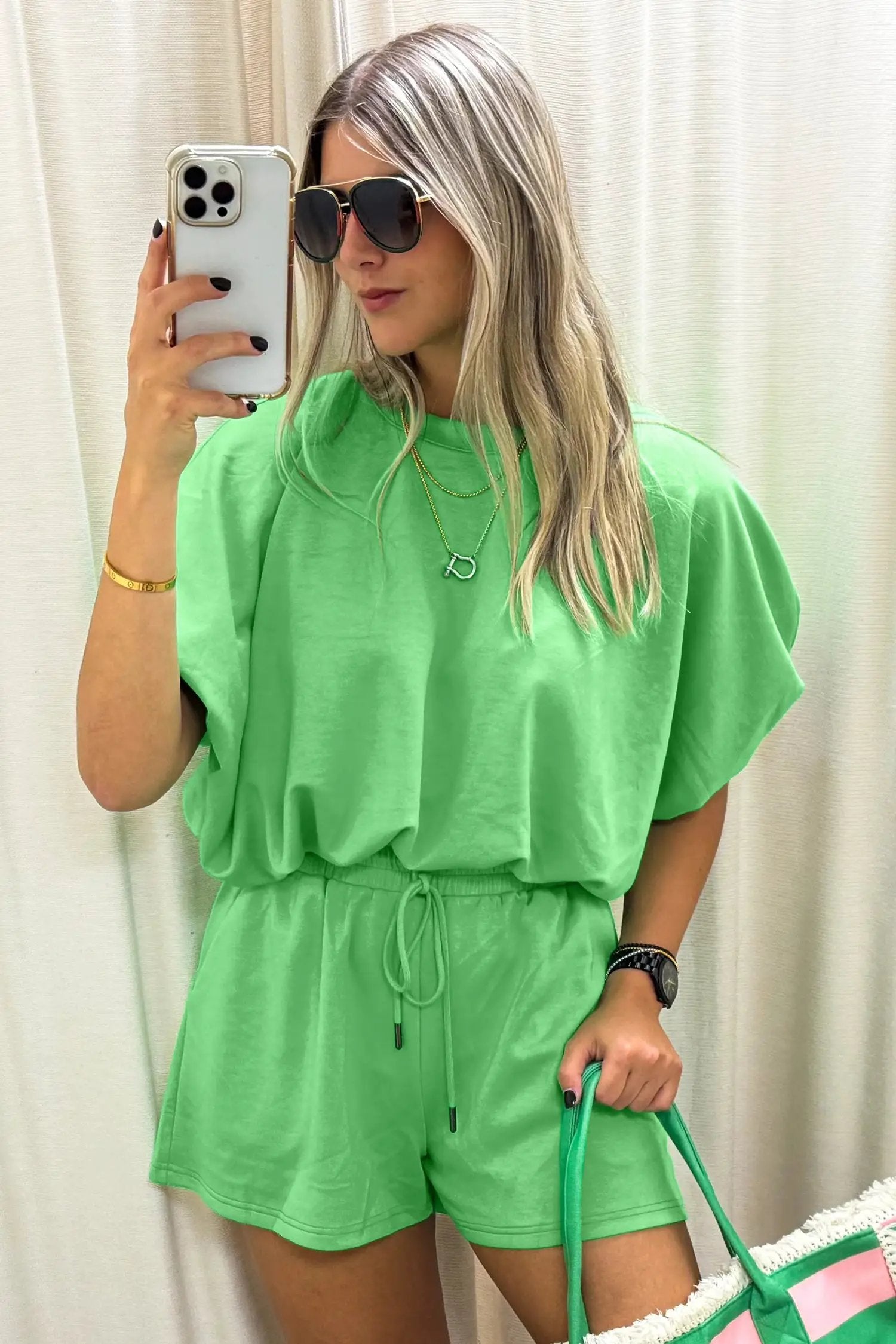 green solid color puffy loose top drawstring shorts 2pcs outfit for women casual everyday outfit