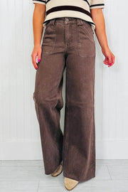 Dark brown retro washed wide-leg jeans with patch pockets and loose fit