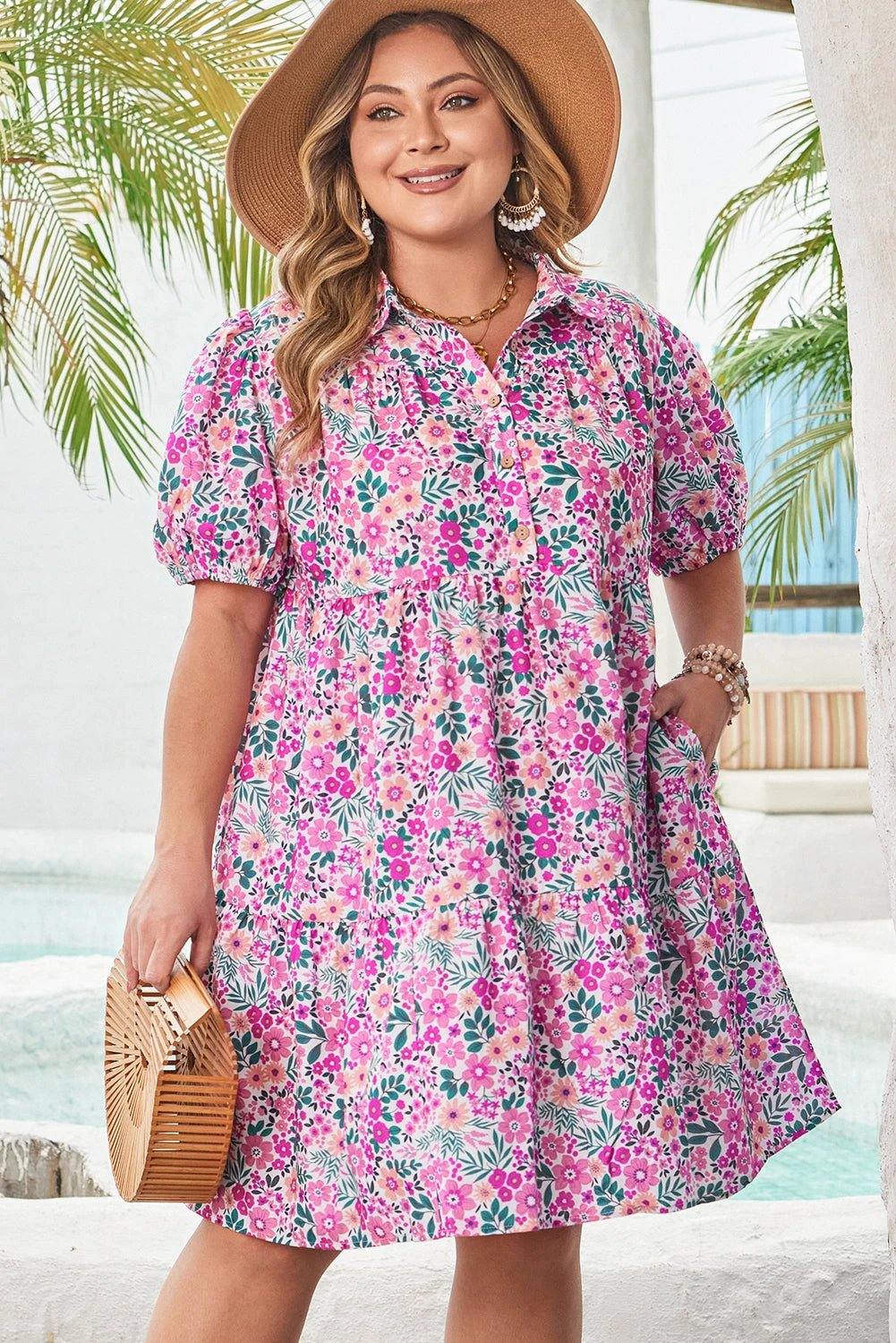 Dear-Lover Dropshipping Pink Plus Size Floral Half Button Short Puff Sleeve A-line Dress - Plus Size/Plus Size Dresses/Plus Size Mini Dresses