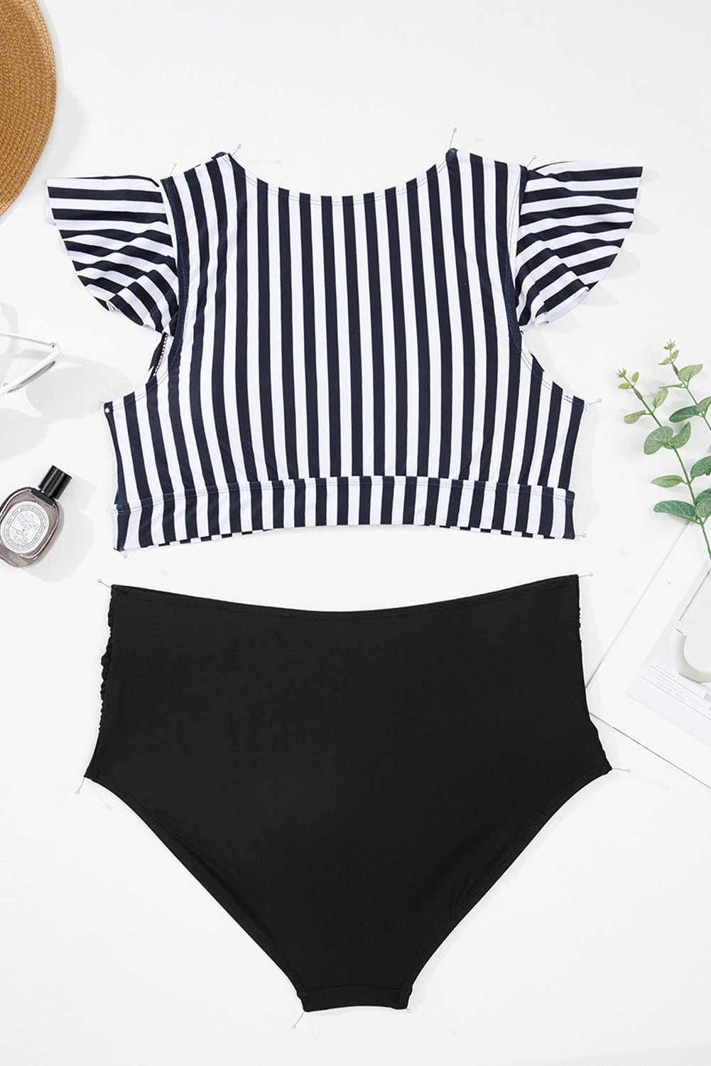 black stripe plus size knot cutout ruffle sleeve and high waisted 2pcs swimsuit for women casual everyday outfit