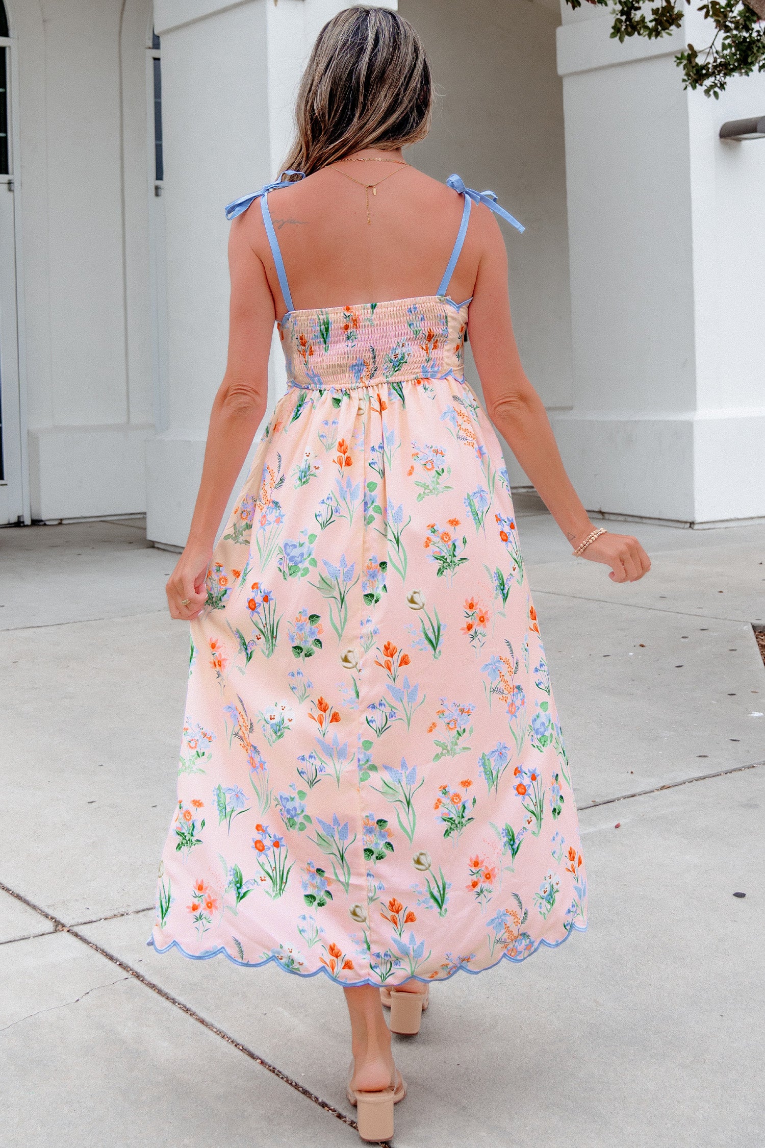 Floral Print Contrast Trim Self-tie Straps High-Waisted Midi Dress — everyday dress for women | J&H Apparel