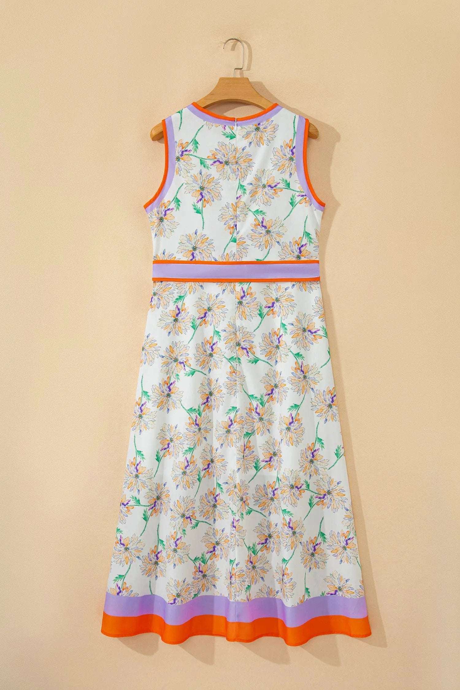 White floral print maxi dress with belted waist and color-block trim