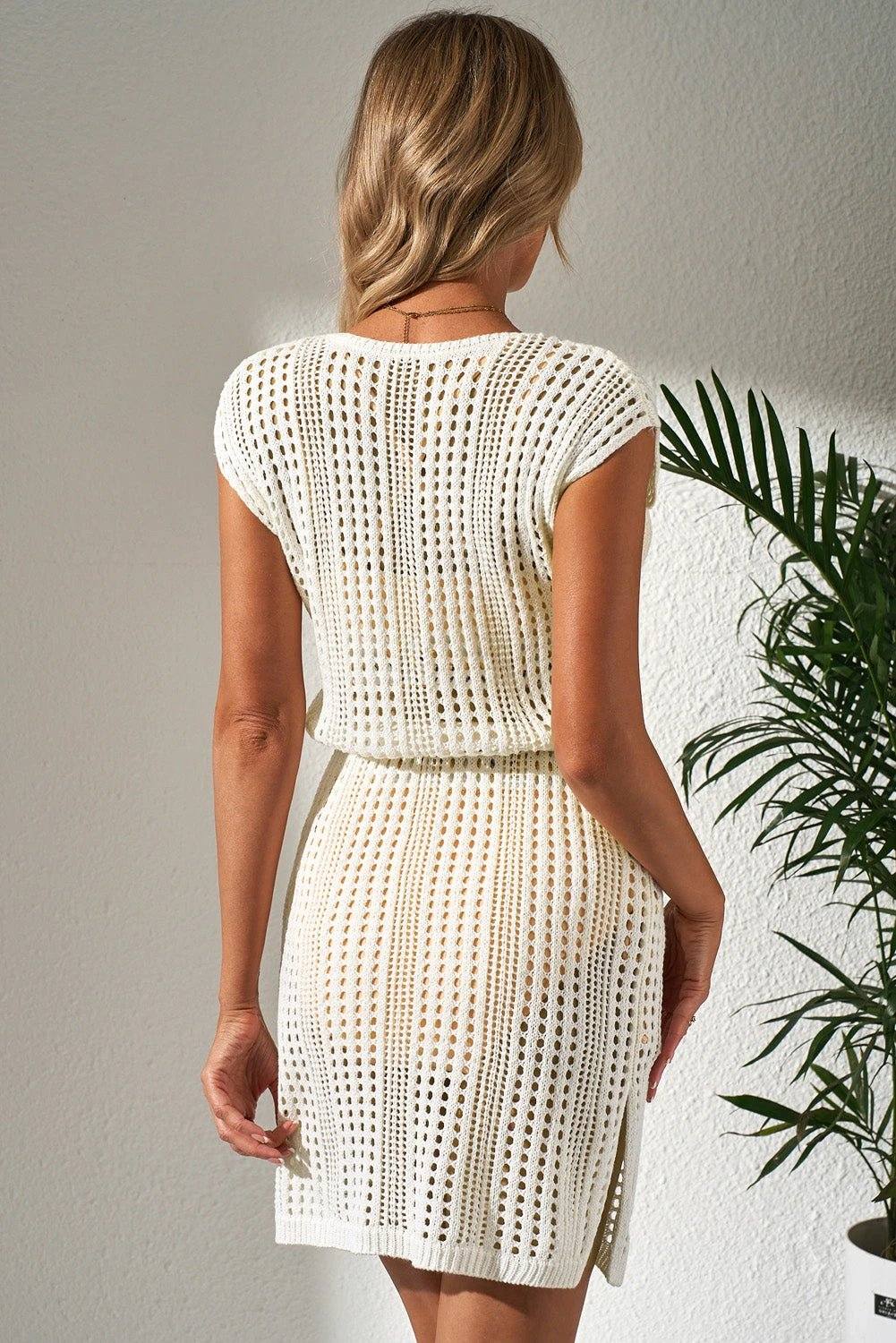 beige open knit drawstring waist beach dress for women casual everyday outfit