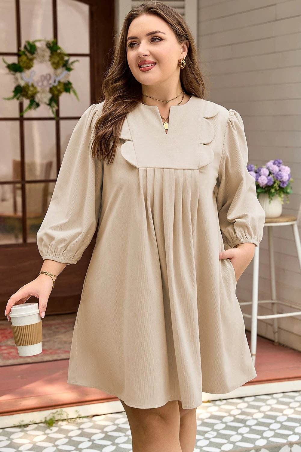 Plus size khaki corduroy mini dress with notched scallop neckline and puff sleeves