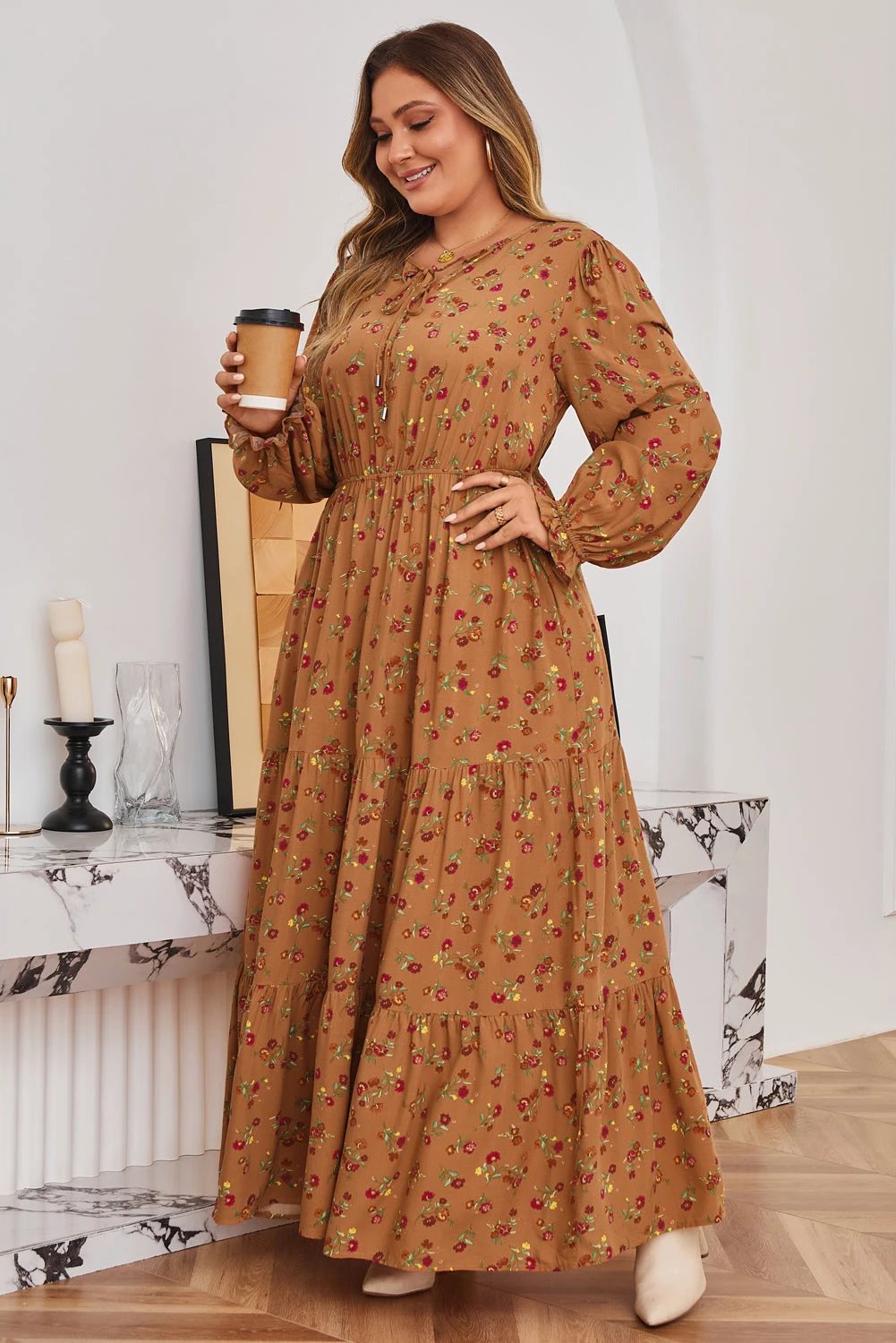 brown plus size floral split v neck ruffled sleeve tiered maxi dress for women casual everyday outfit
