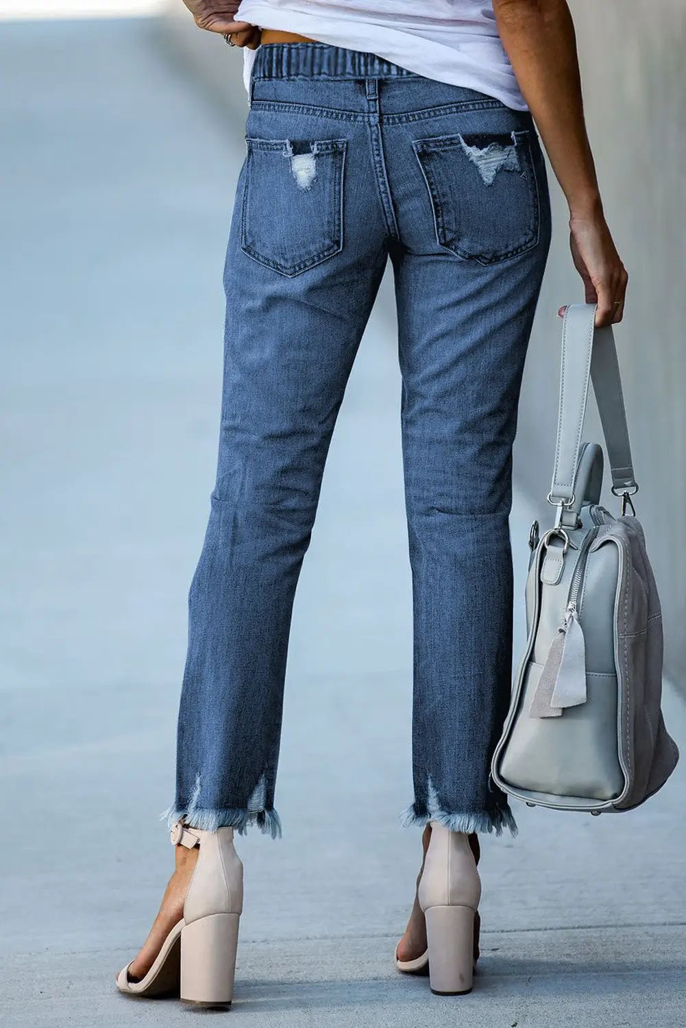 Navy Blue elastic waist straight leg destroyed raw hem jeans for women casual everyday outfit