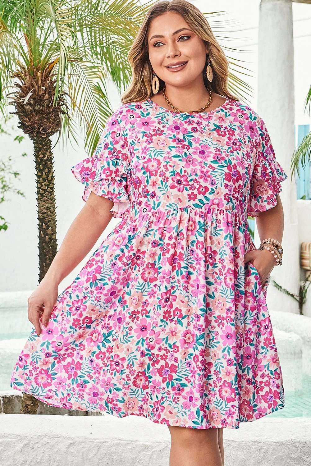 Plus Size Floral Dress with frilled short sleeves and flare silhouette