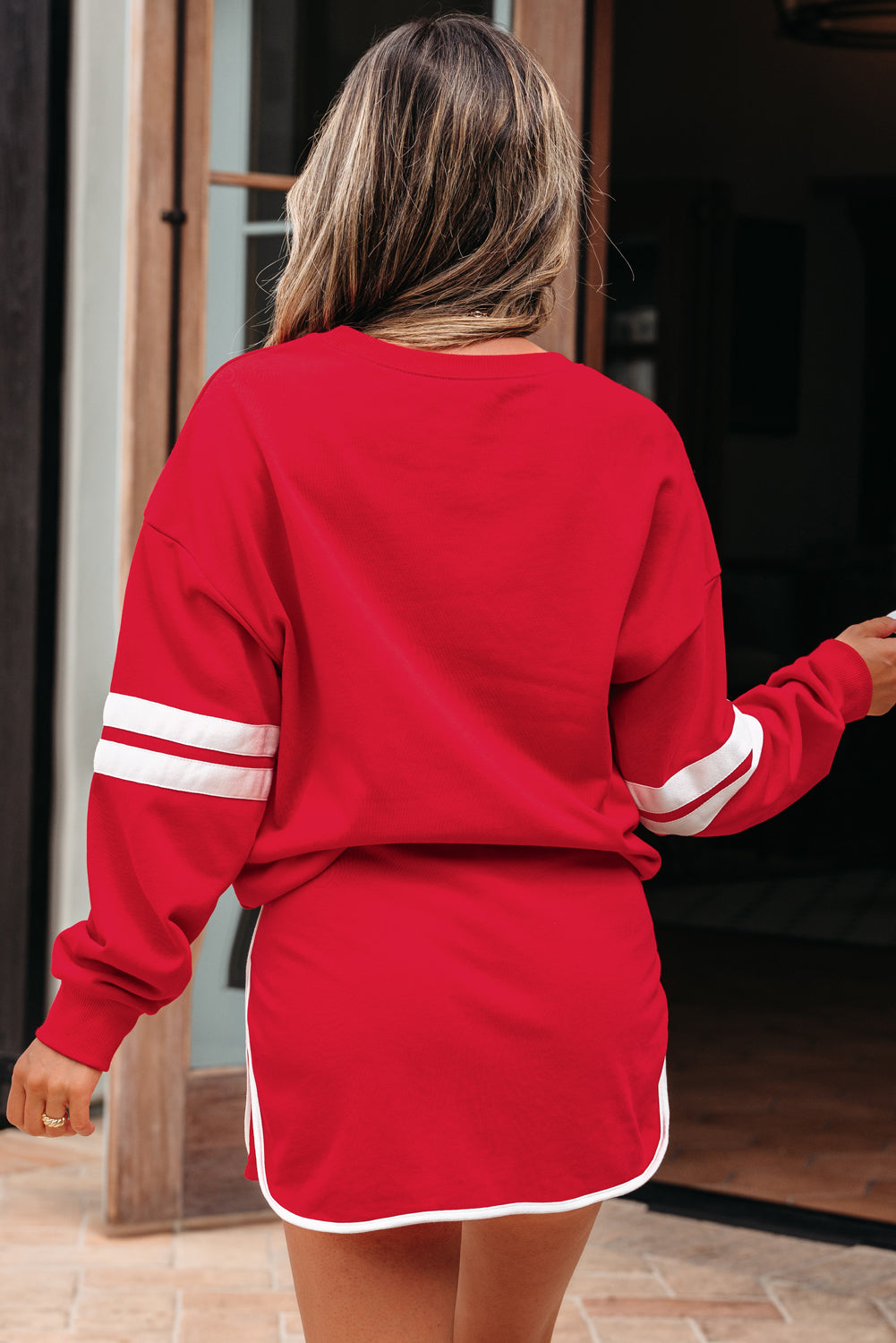 Navy Blue Varsity Stripe Detail Drop Shoulder Pullover Mini Skort Set