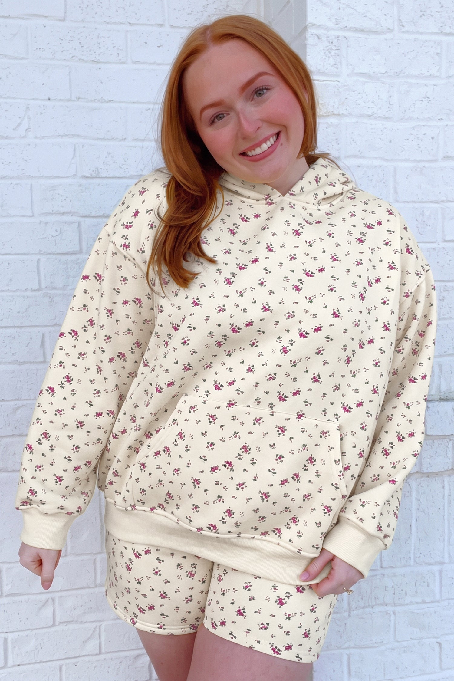 Beige Floral Print Hooded Long Sleeve Plus Size Set