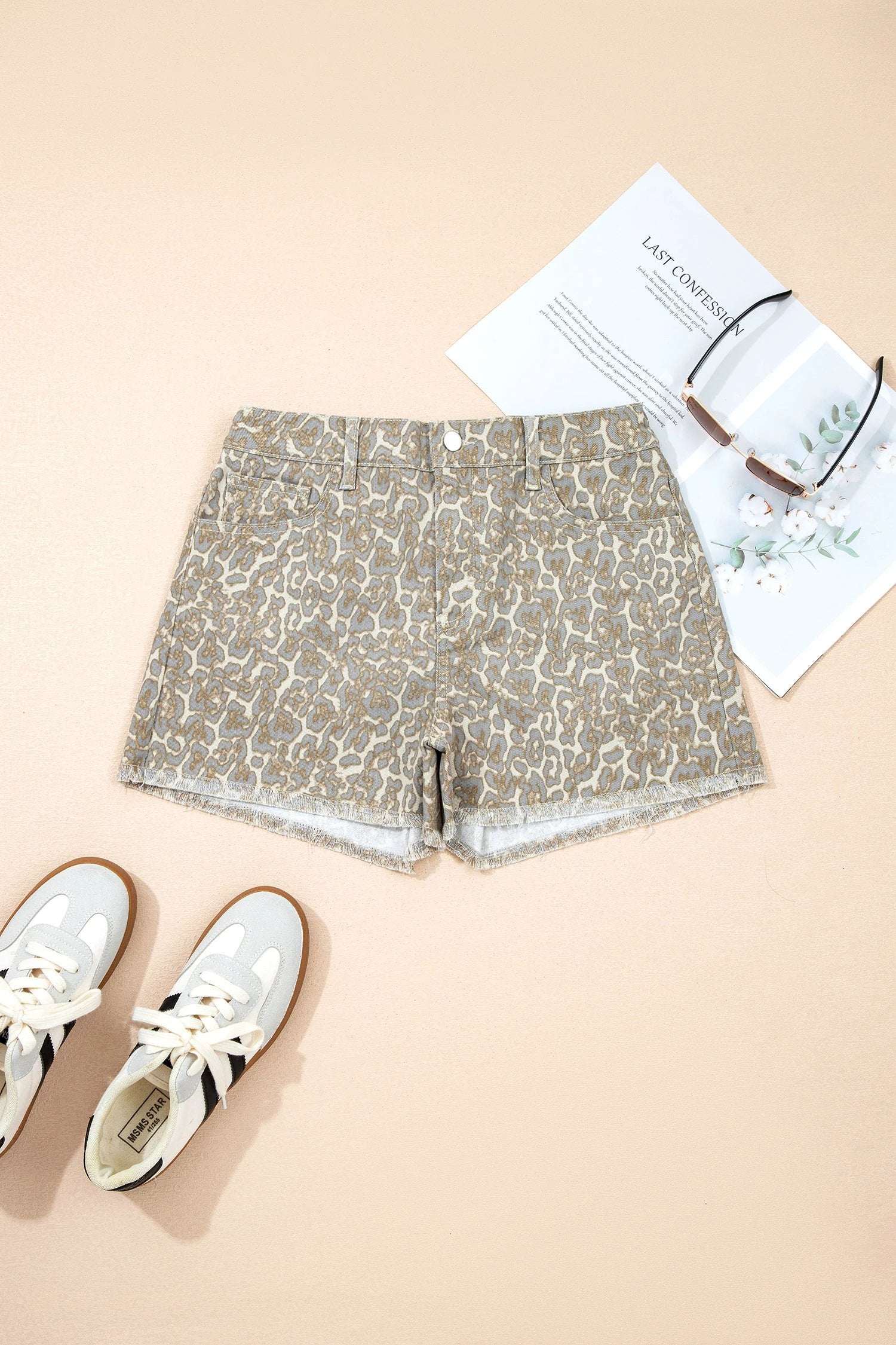 khaki raw edge leopard print denim shorts for women casual everyday outfit