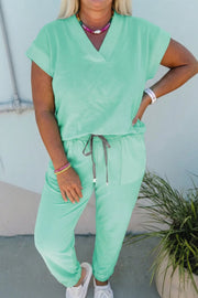 Mint Green Solid V-Neck Tee and Drawstring Plus Size Pants Set