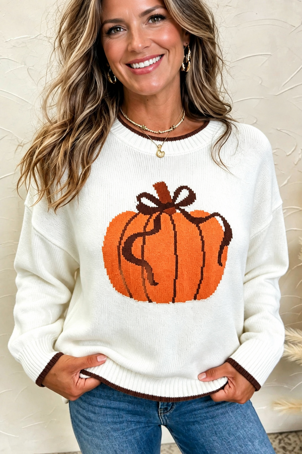 Chicory Coffee Fall Pumpkin Pattern Casual Pullover Sweater