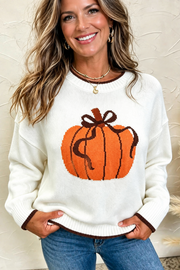 Chicory Coffee Fall Pumpkin Pattern Casual Pullover Sweater