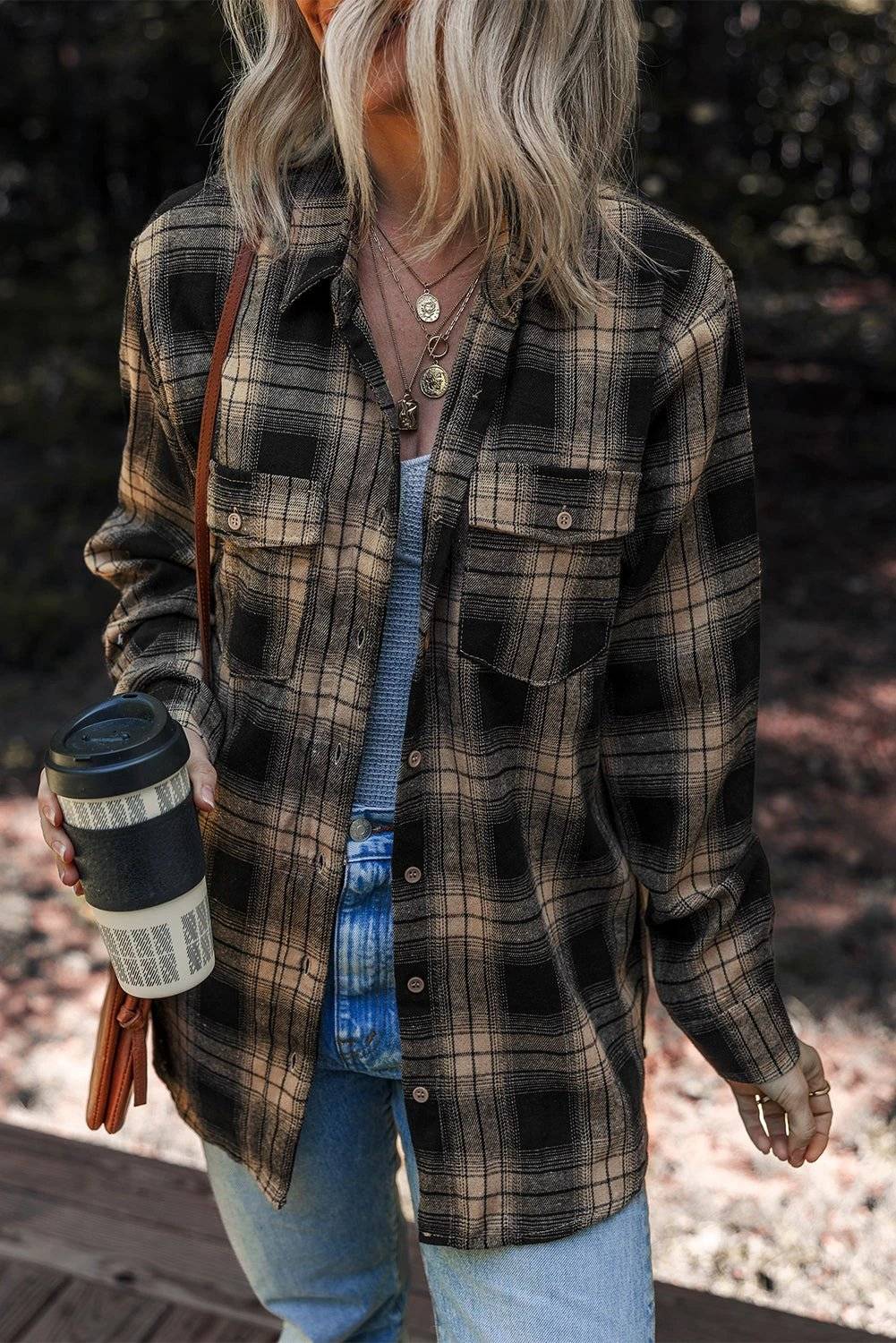 Retro plaid shacket with double flap pockets and brushed fabric for cozy warmth and casual style