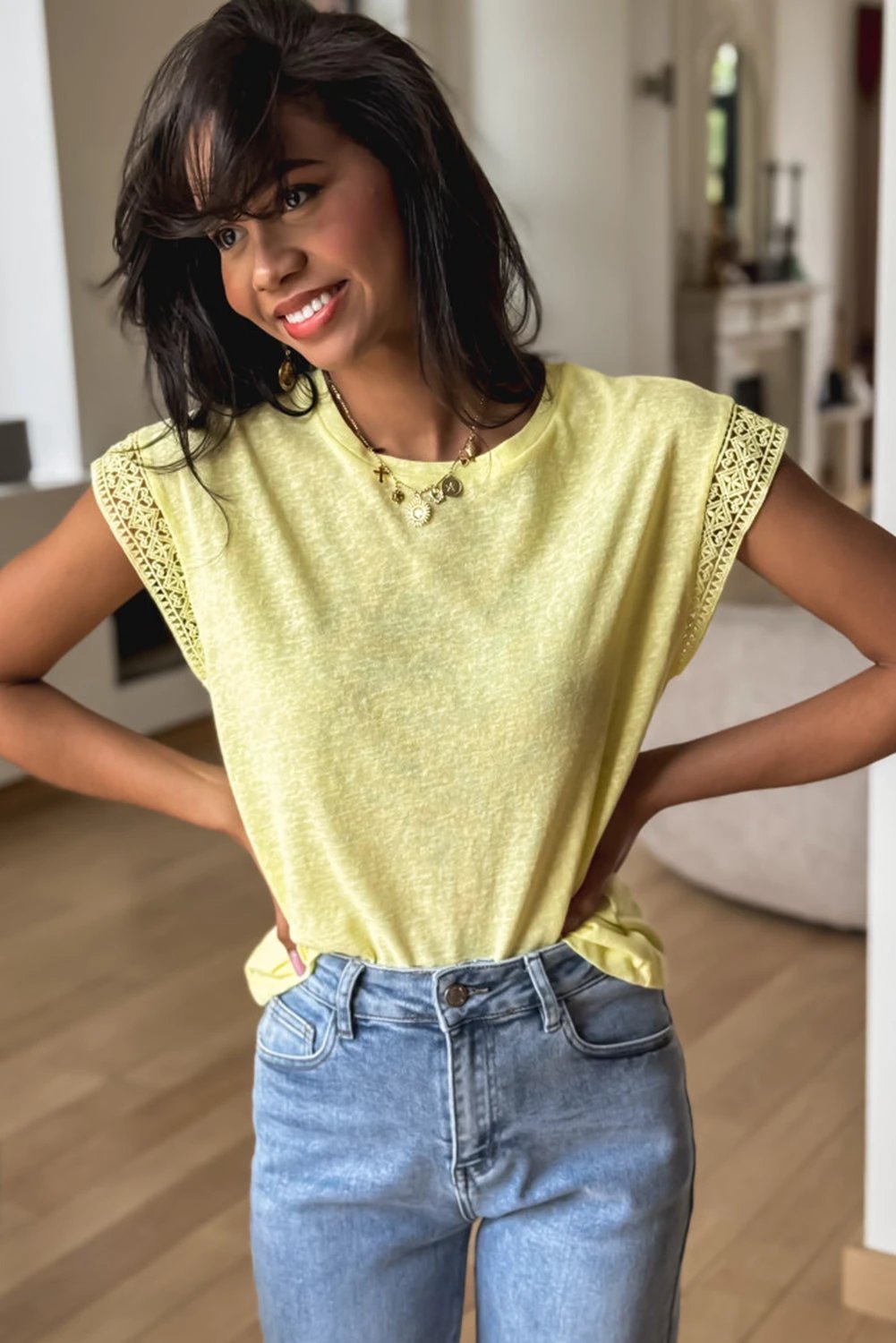 yellow cream lace patchwork cap sleeve round neck t shirt for women casual everyday outfit