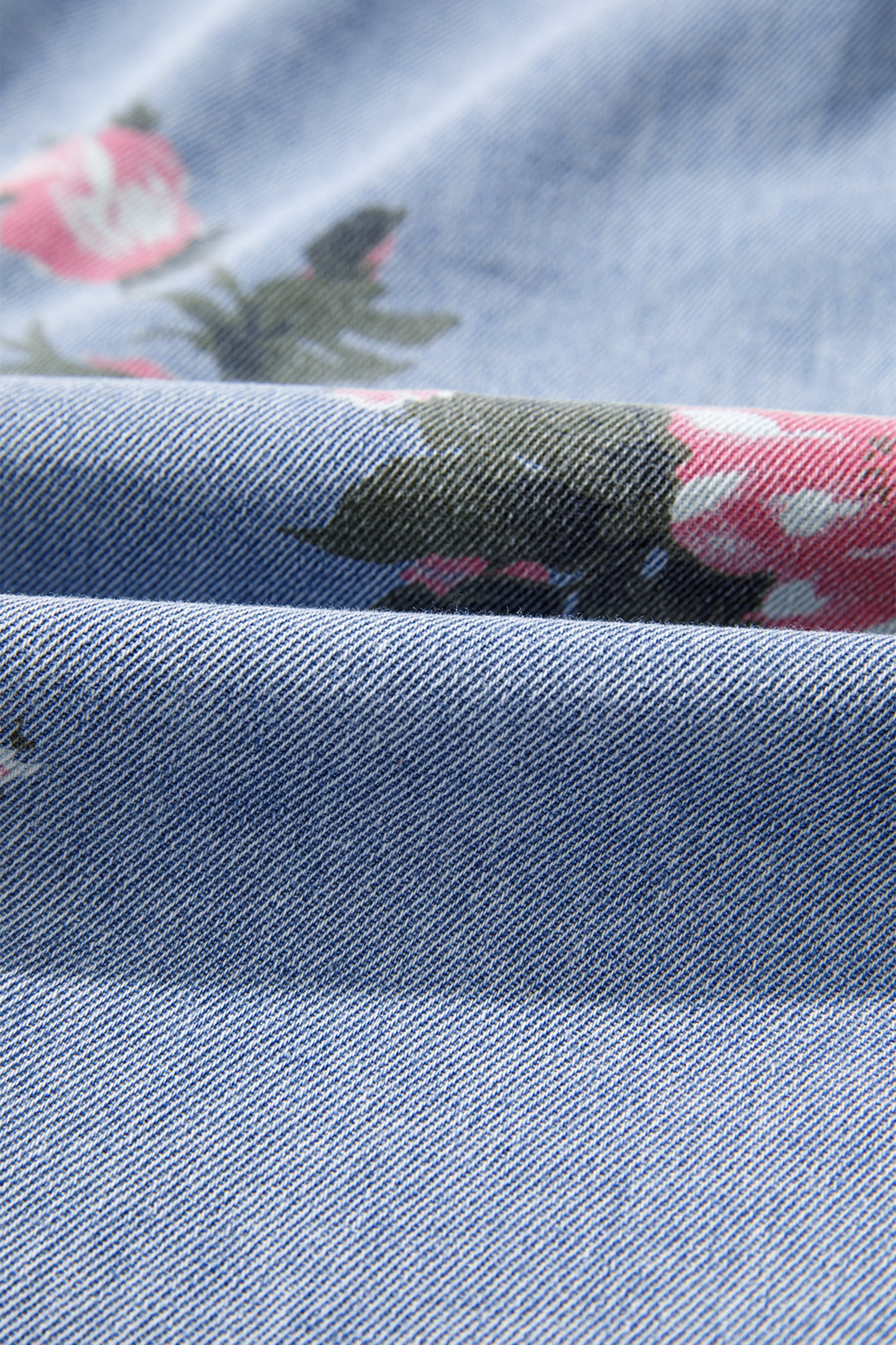 Denim Floral Print Cuffed Short Sleeve Button-Down Shift Dress — everyday dress for women | J&H Apparel