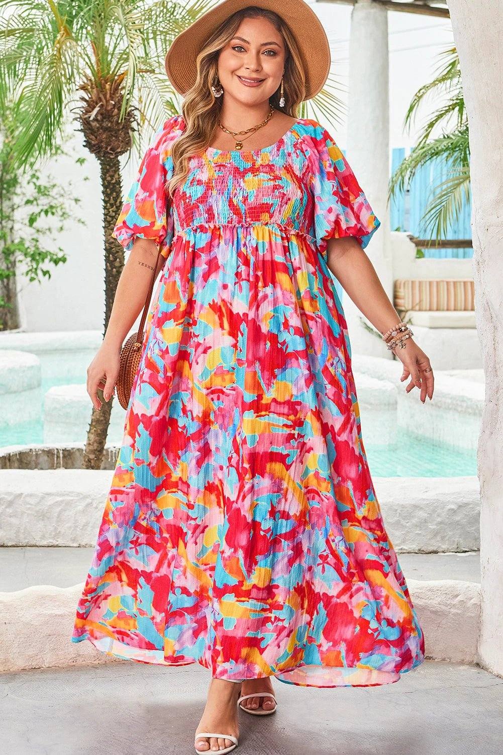 Plus size rose abstract printed floral maxi dress with puff sleeves and square neckline