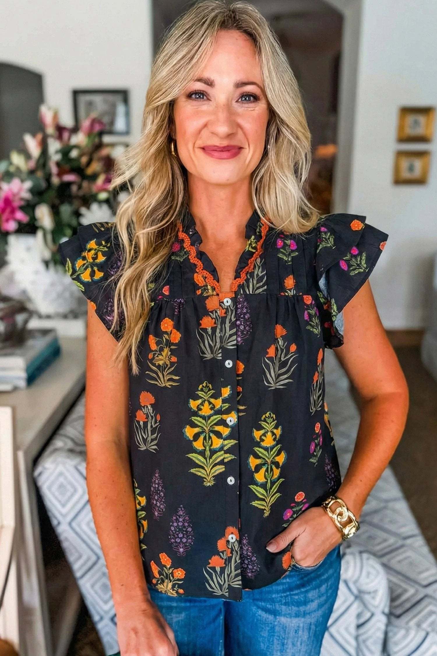black floral print lace trim frilled v neck short sleeve shirt for women casual everyday outfit
