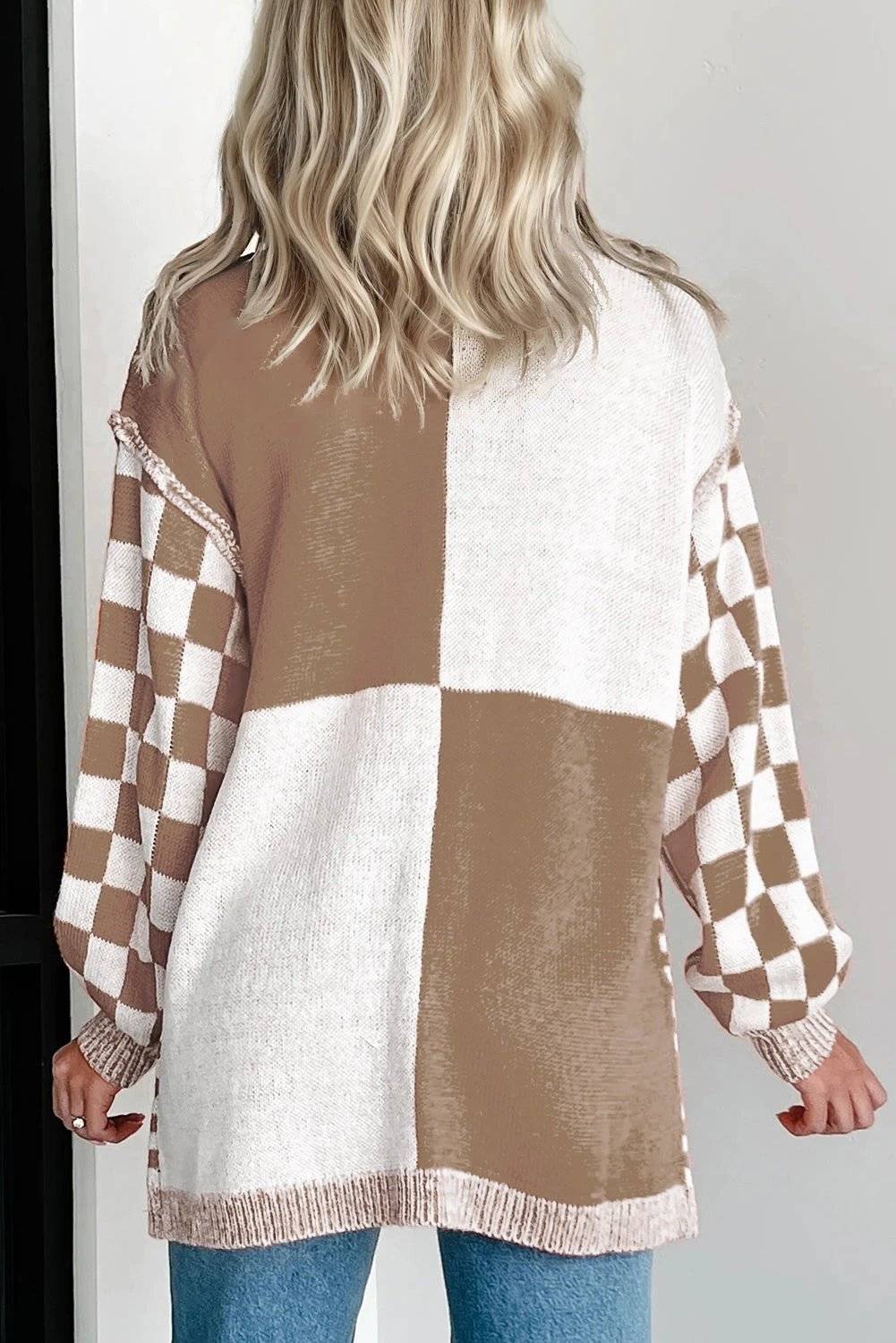 orange plus size checkered bubble sleeve drop shoulder open cardigan for women casual everyday outfit