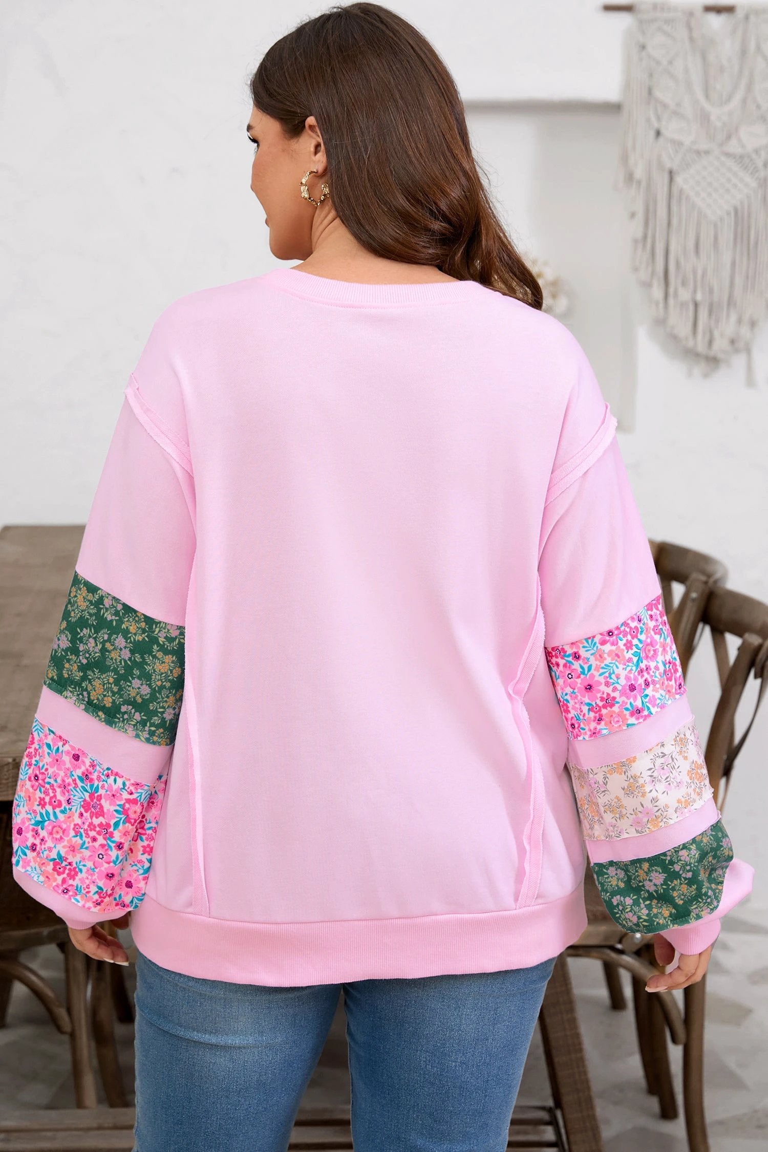 pink plus size mix floral patched sleeve ribbed trim baggy sweatshirt for women casual everyday outfit