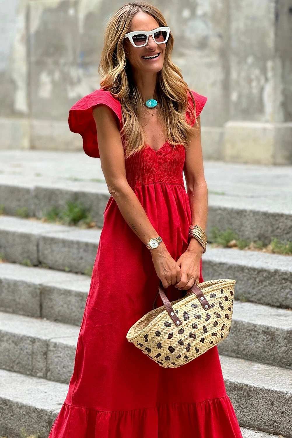High Waist Maxi Dress with V-neck flutter sleeves smocked bodice and ruffle hem
